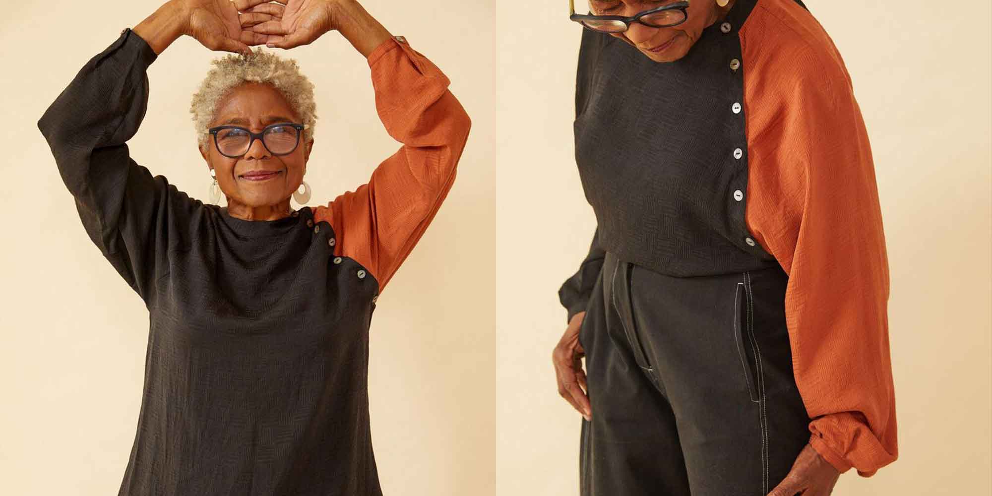 Woman wearing brown and orange silk top by seek collective.