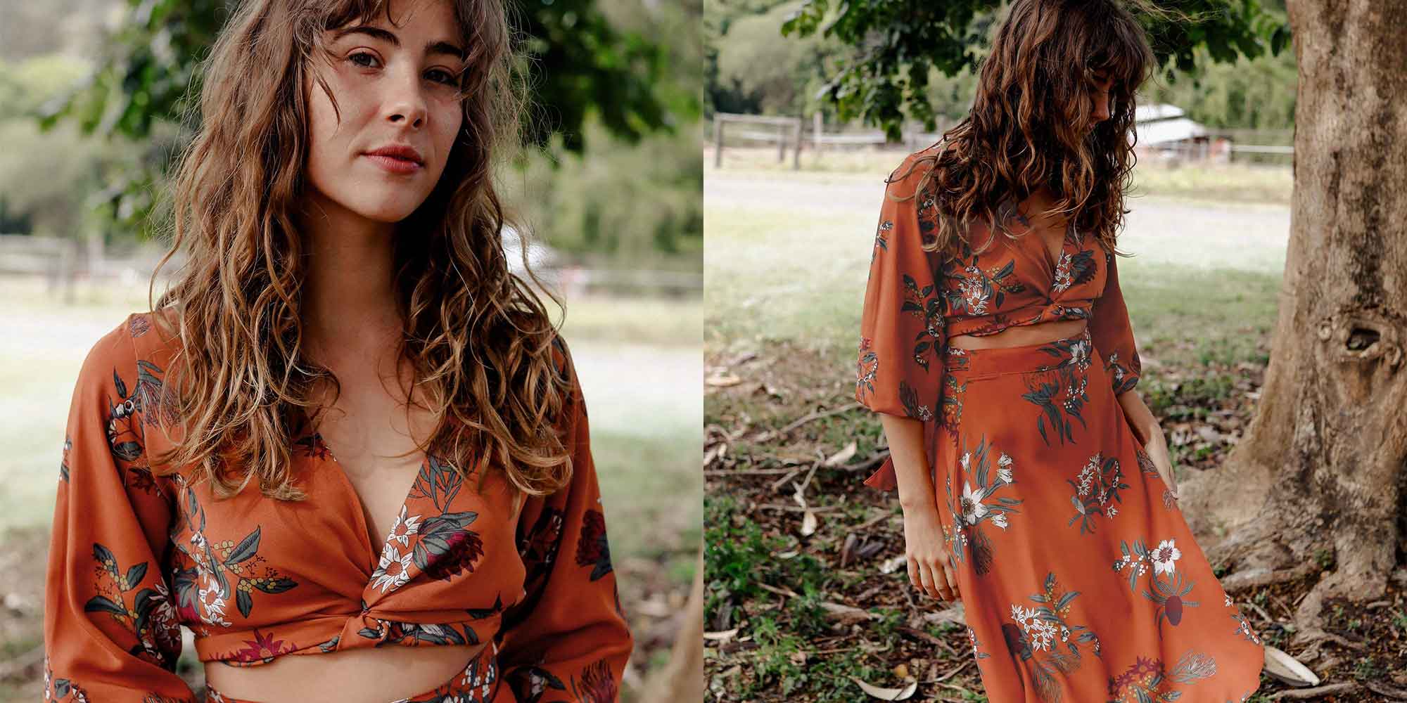 Woman wearing orange silk top by tasi travels.