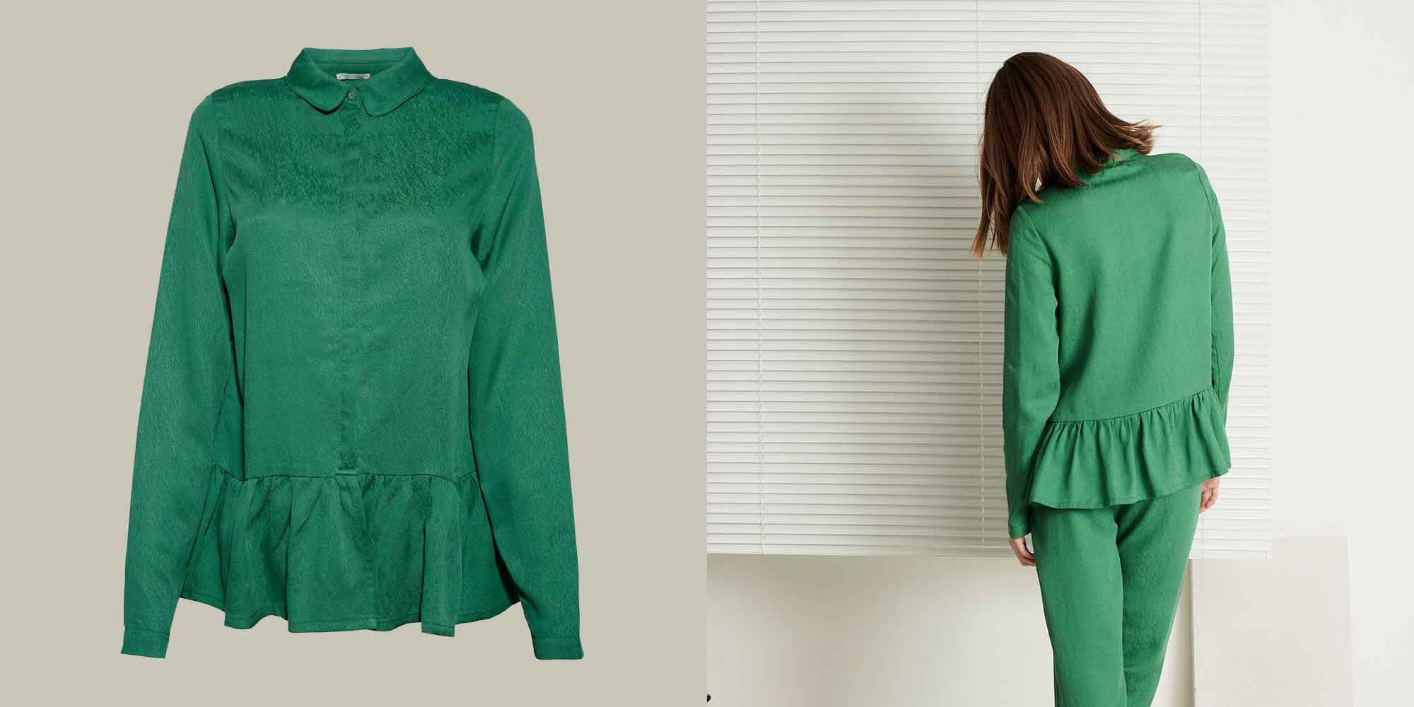 Woman turning her back wearing a bright green vegan silk shirt by Underprotection.