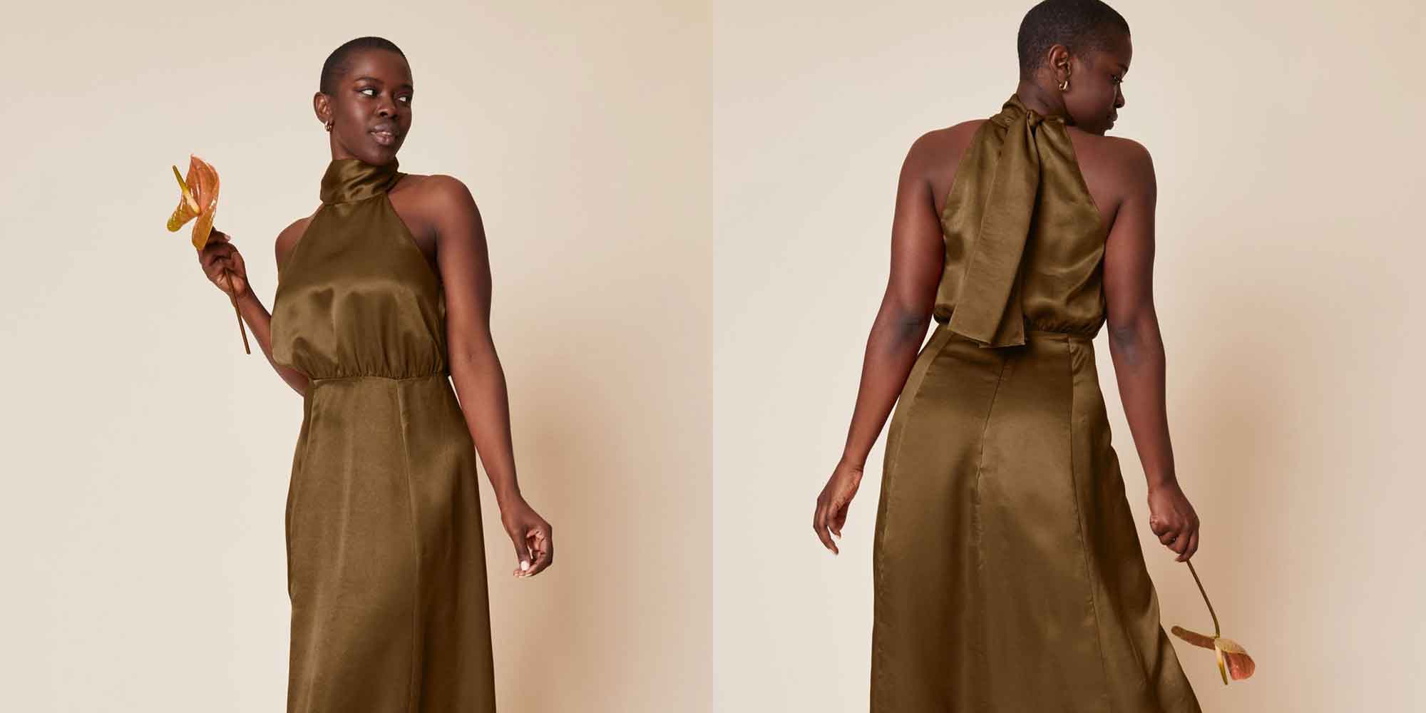 Woman wearing khaki silk dress by whimsy and row.