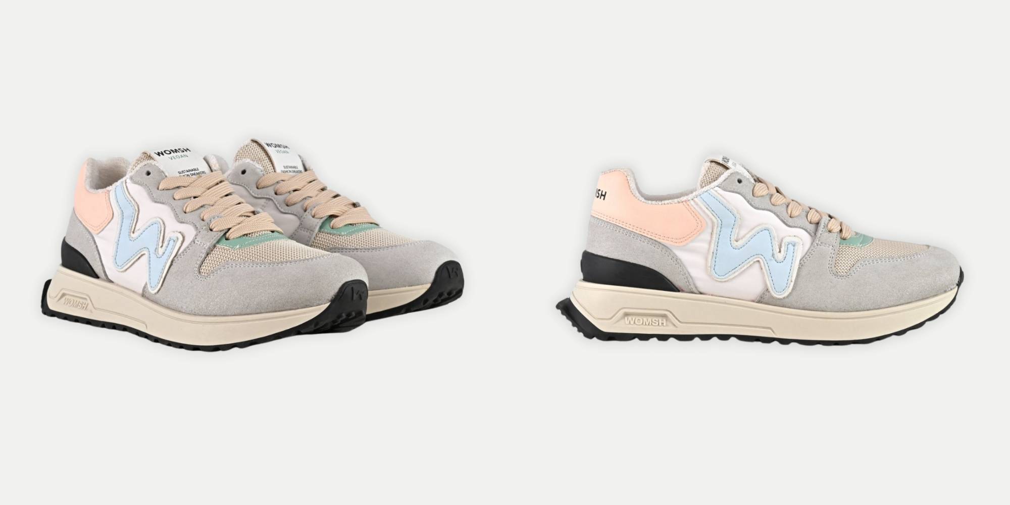 A pair of grey, white and pink vegan sneakers by WOMSH.