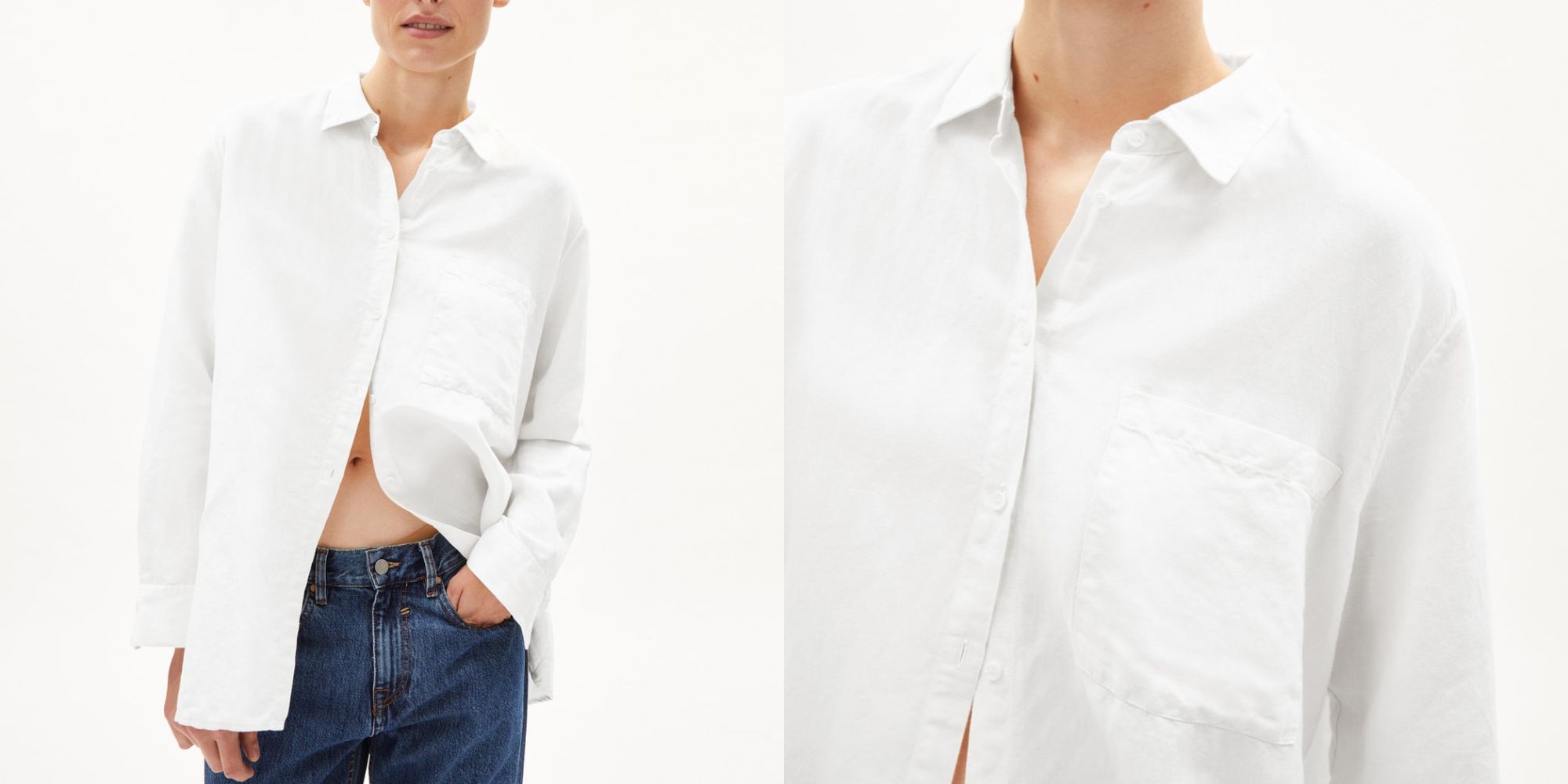 A white button up blouse by Armedangels made from lower-impact materials.