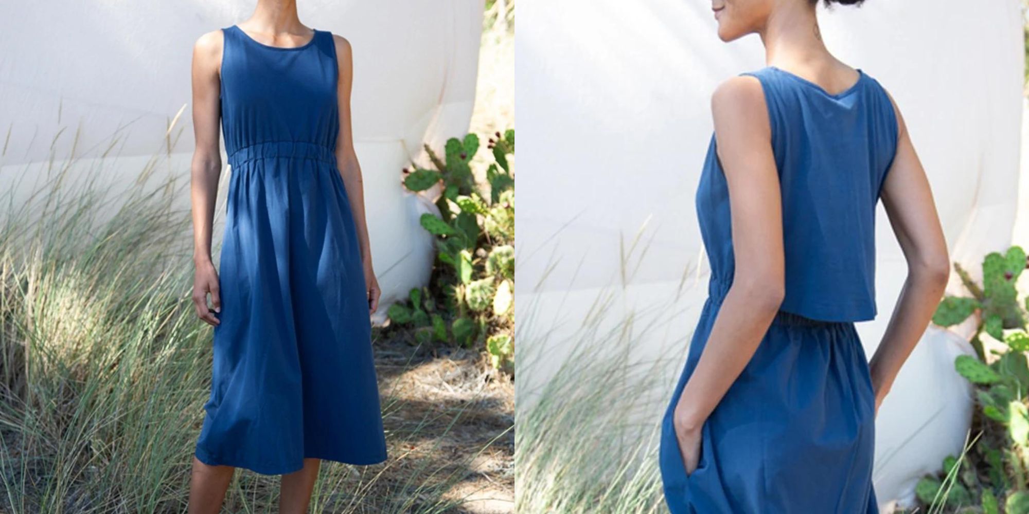An indigo blue organic cotton mid-length organic cotton dress by Beaumont Organic.