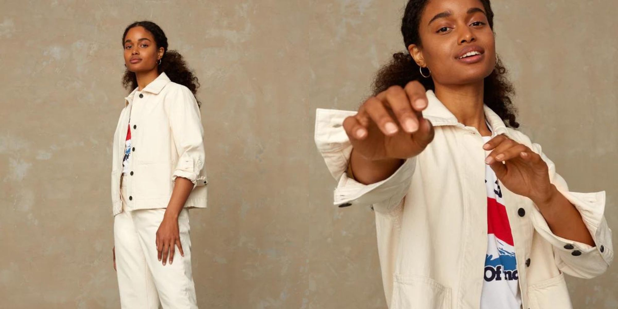 An ecru responsibly-made denim jacket by Kings of Indigo.