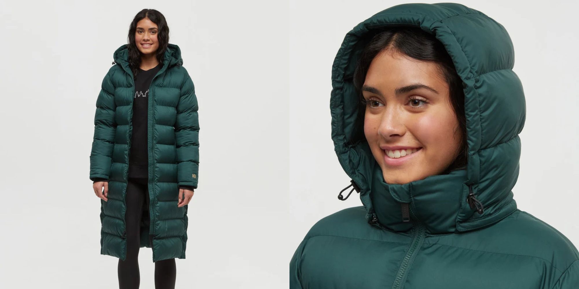 green long puffer jacket from tentree