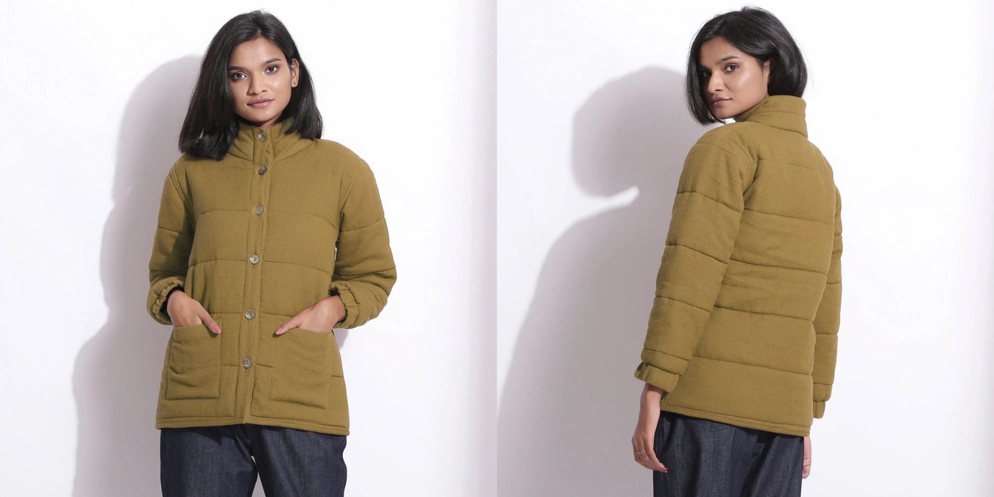 olive short puffer jacket from seamsfriendly