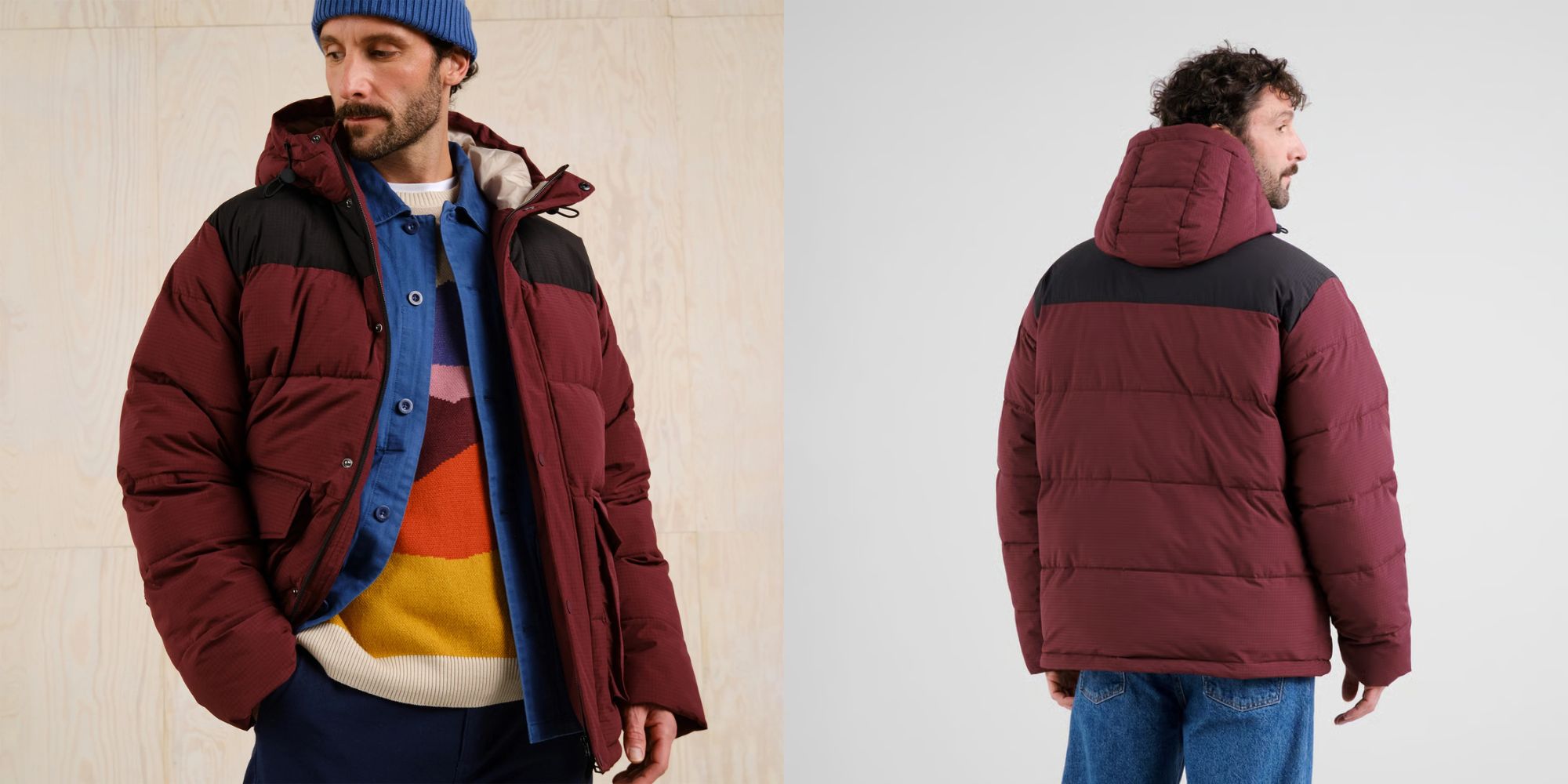 person wearing burgundy puffer jacket from dedicated