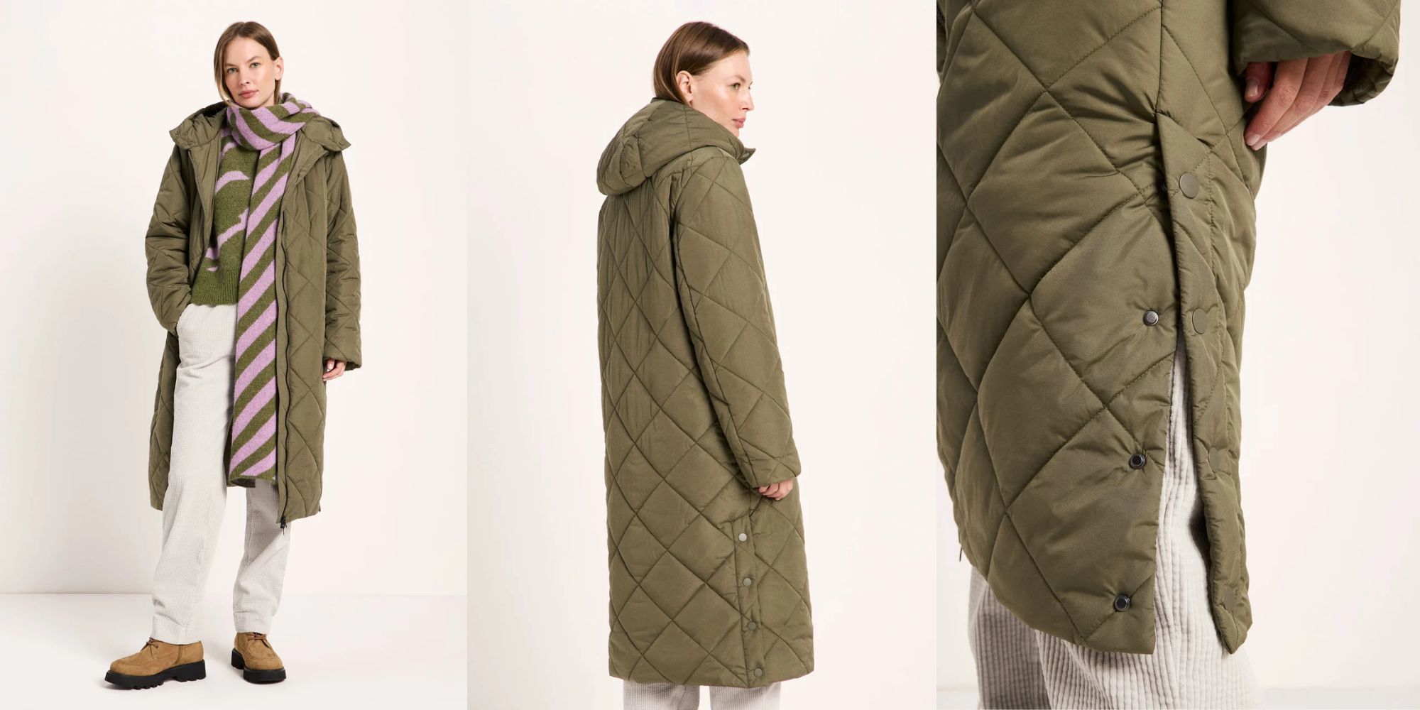 person wearing long olive puffer coat from lanius