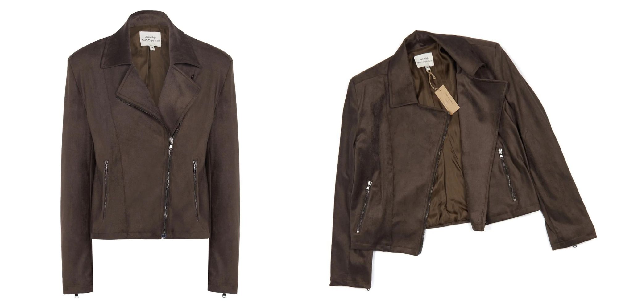 A brown vegan suede biker jacket by Will's Vegan Store.