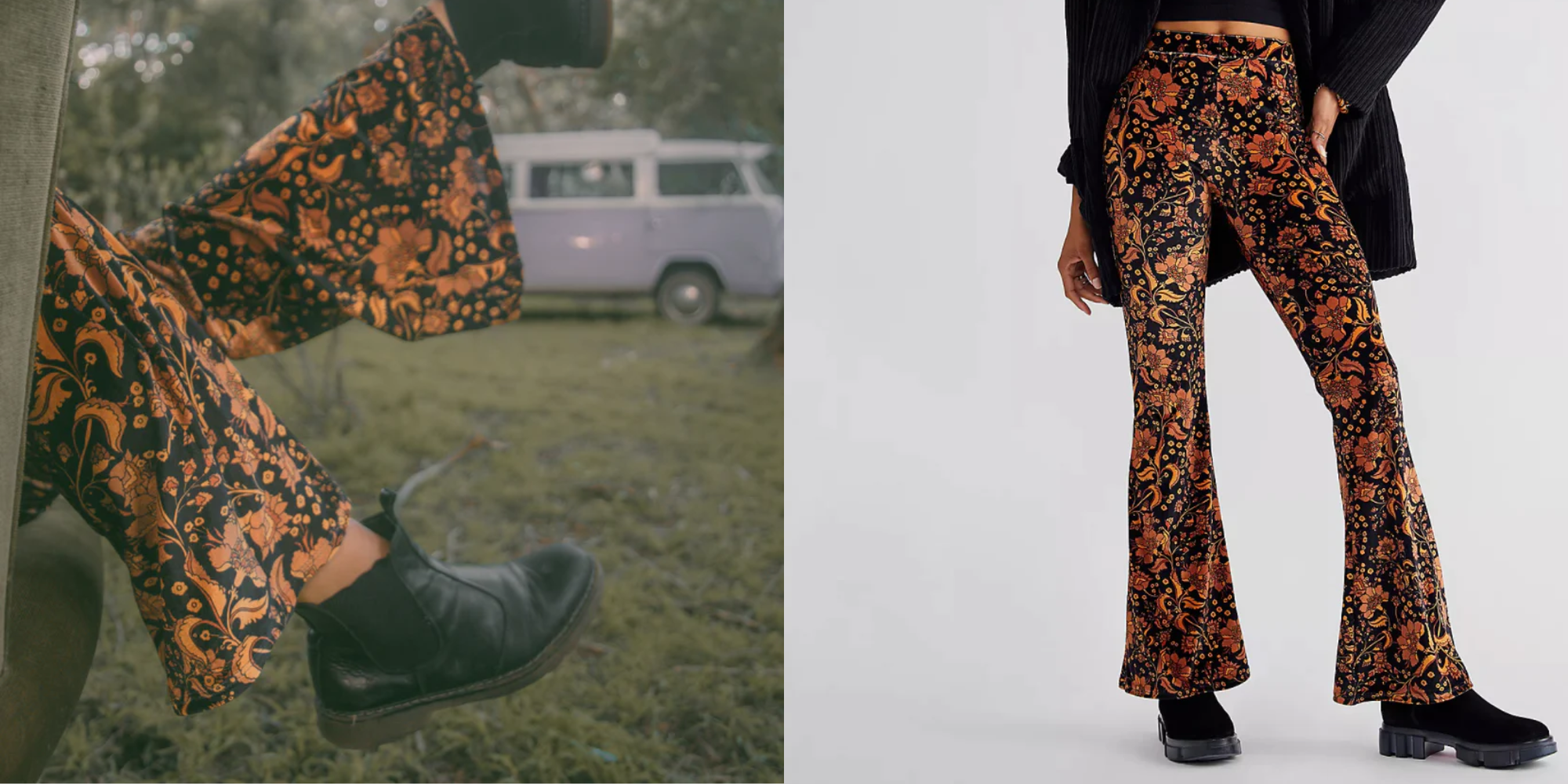 side view of person kicking legs in air and full view of person in Donyale Flares by Flare Street