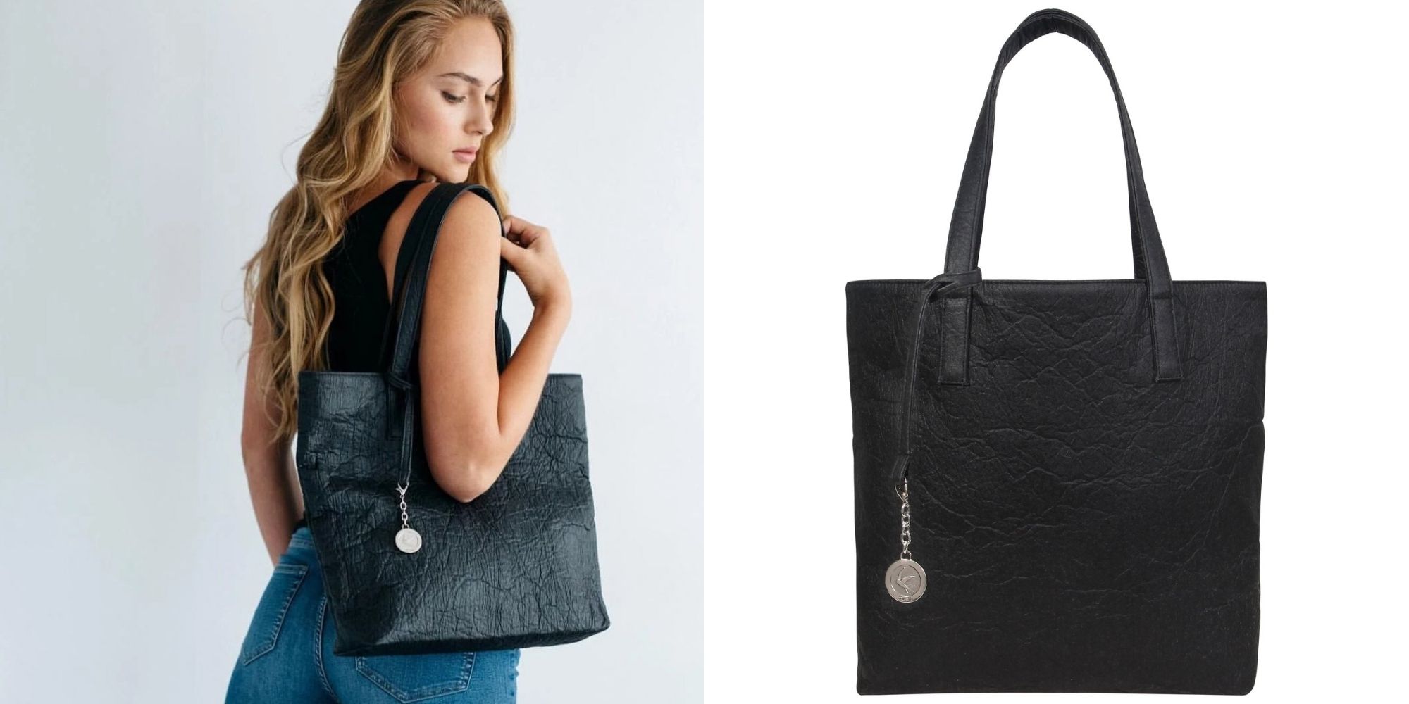 A black sustainable Pinatex tote ethically made by Svala.