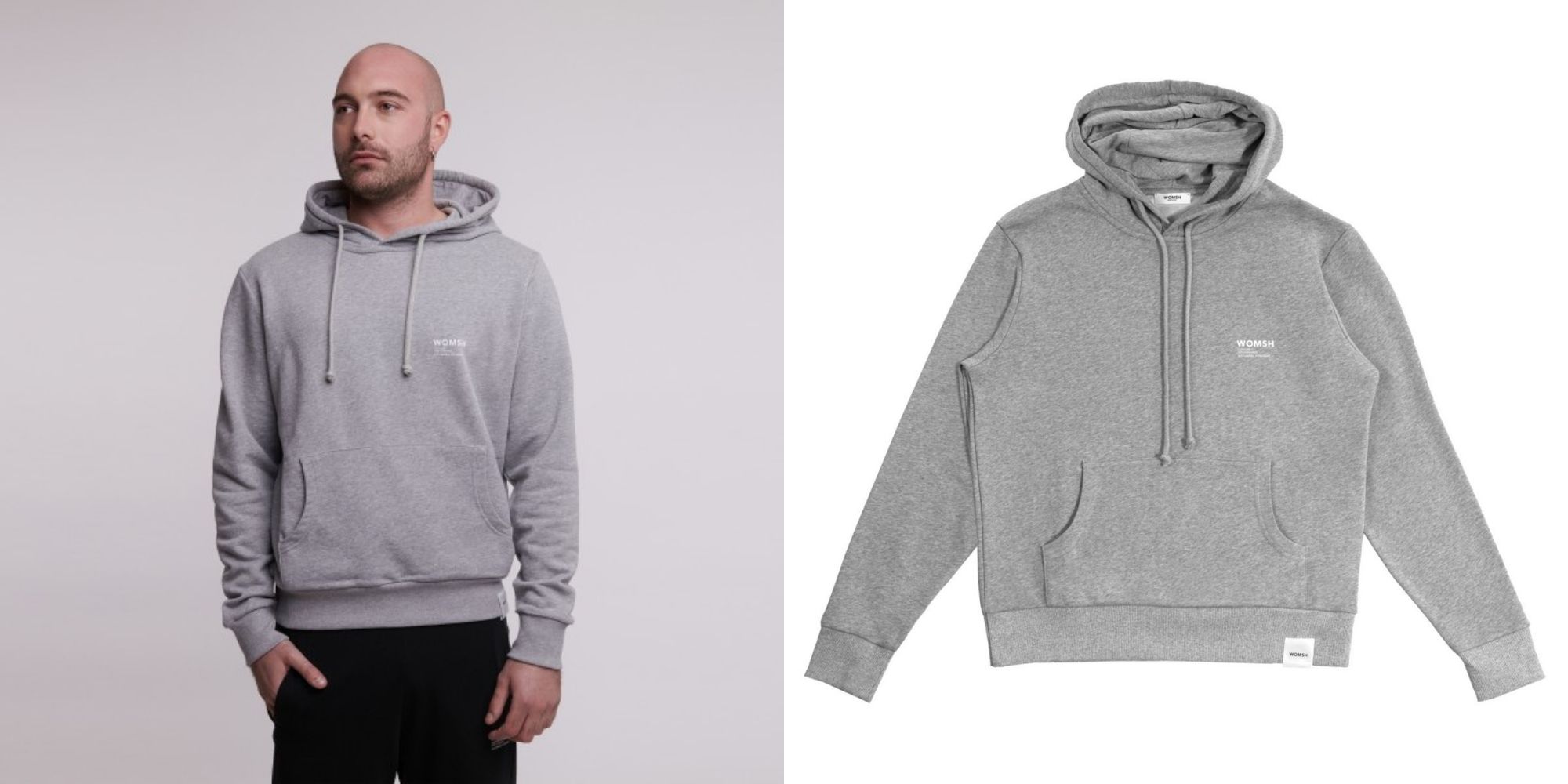 Person wearing a grey unisex hoodie by Womsh made from organic cotton.
