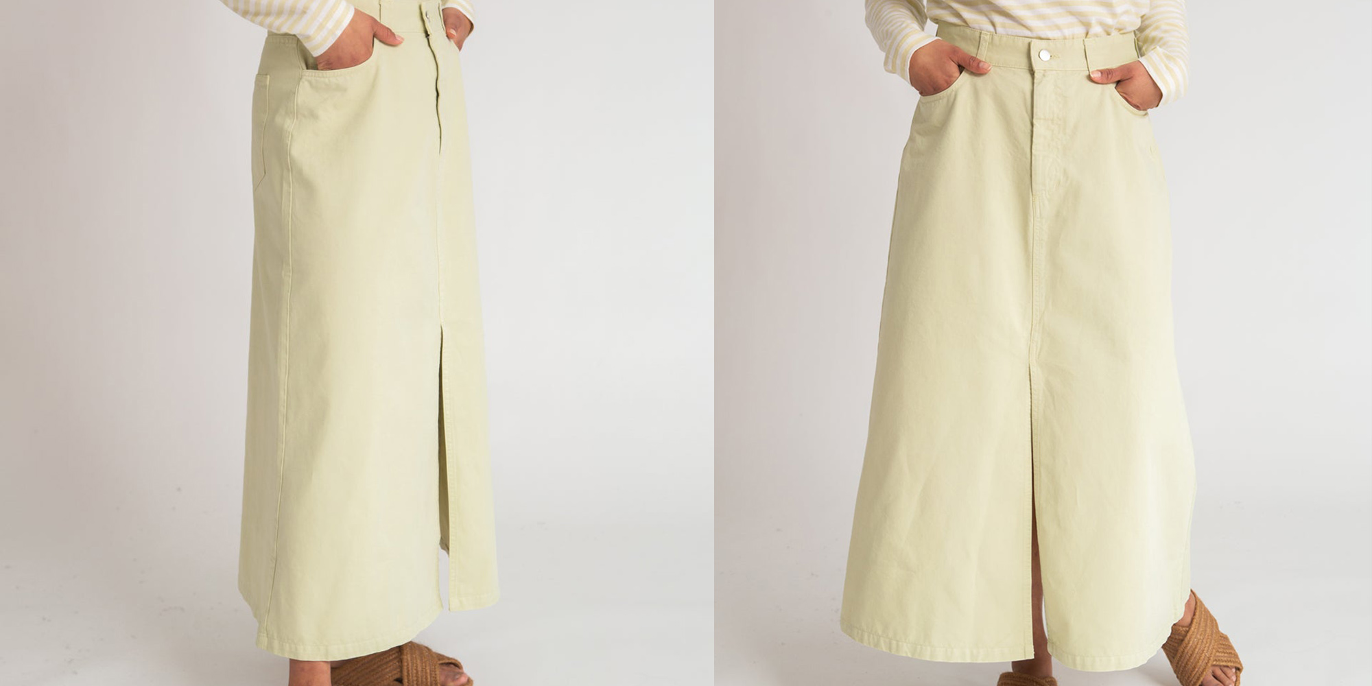 A beige sustainable denim full length skirt made by Beaumont Organic in the UK.