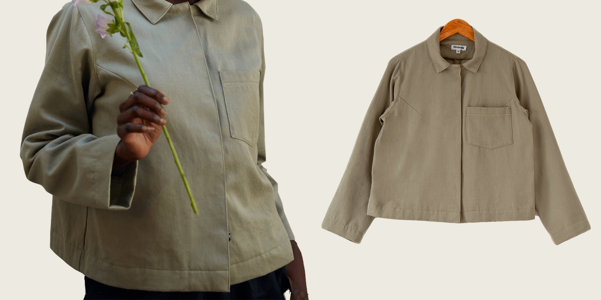 Cropped shot of someone holding a flower and wearing a khaki denim jacket by Birdsong.