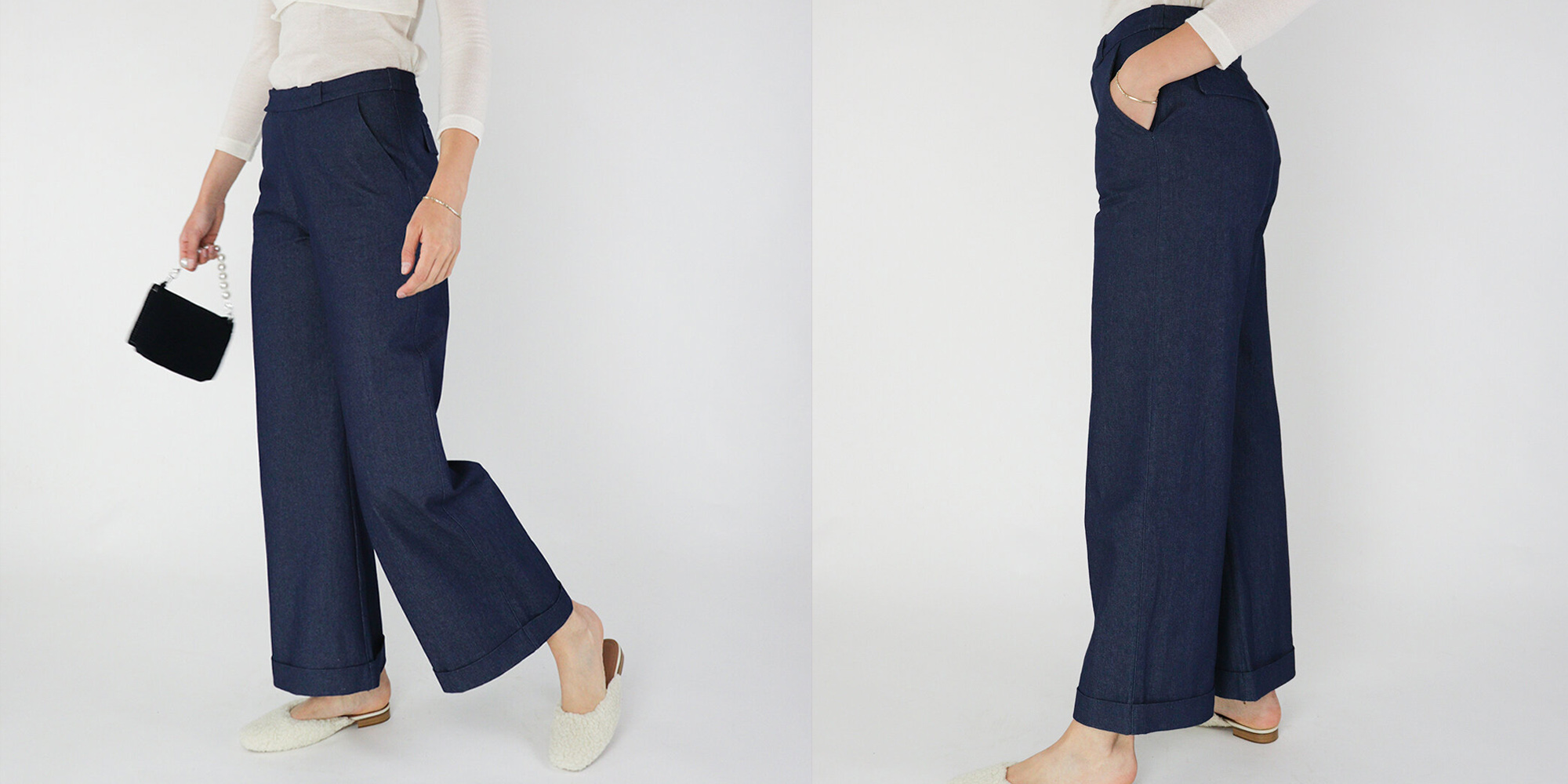 Someone wearing wide leg dark blue denim made in the UK by Gunda Hafner.