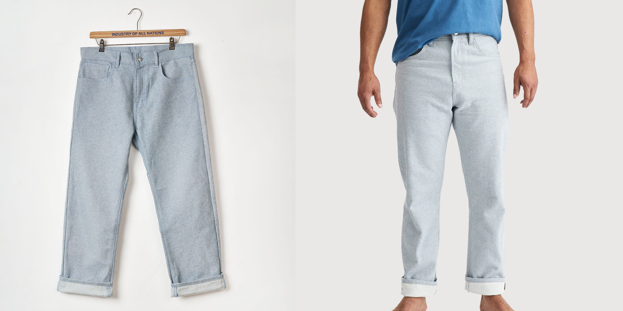 Man in ethical light wash jeans by Industry of All Nations