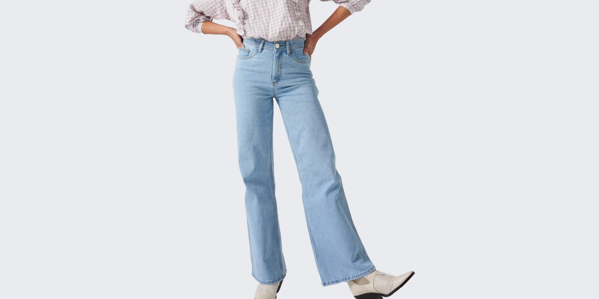 A person wearing flared sustainable denim made in the UK by Seventy Mochi.