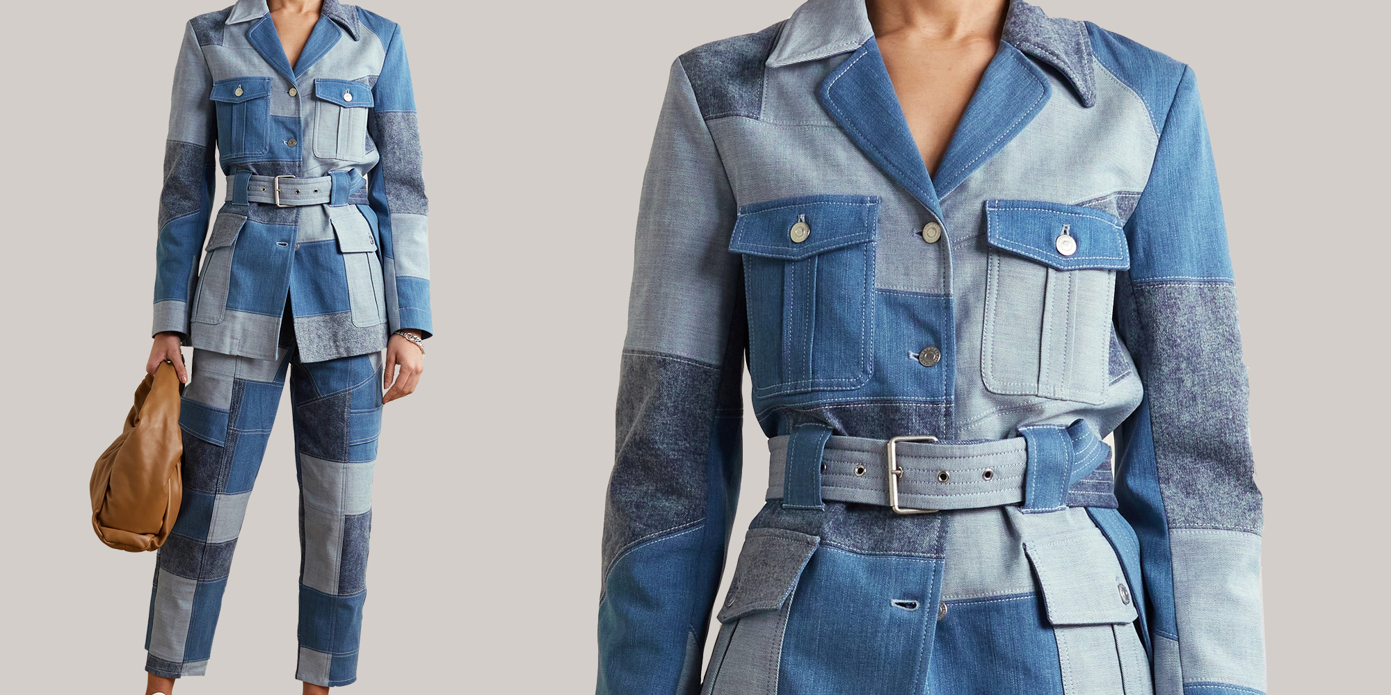 Someone wearing double patchwork denim jacket and jeans combo by Stella McCartney.