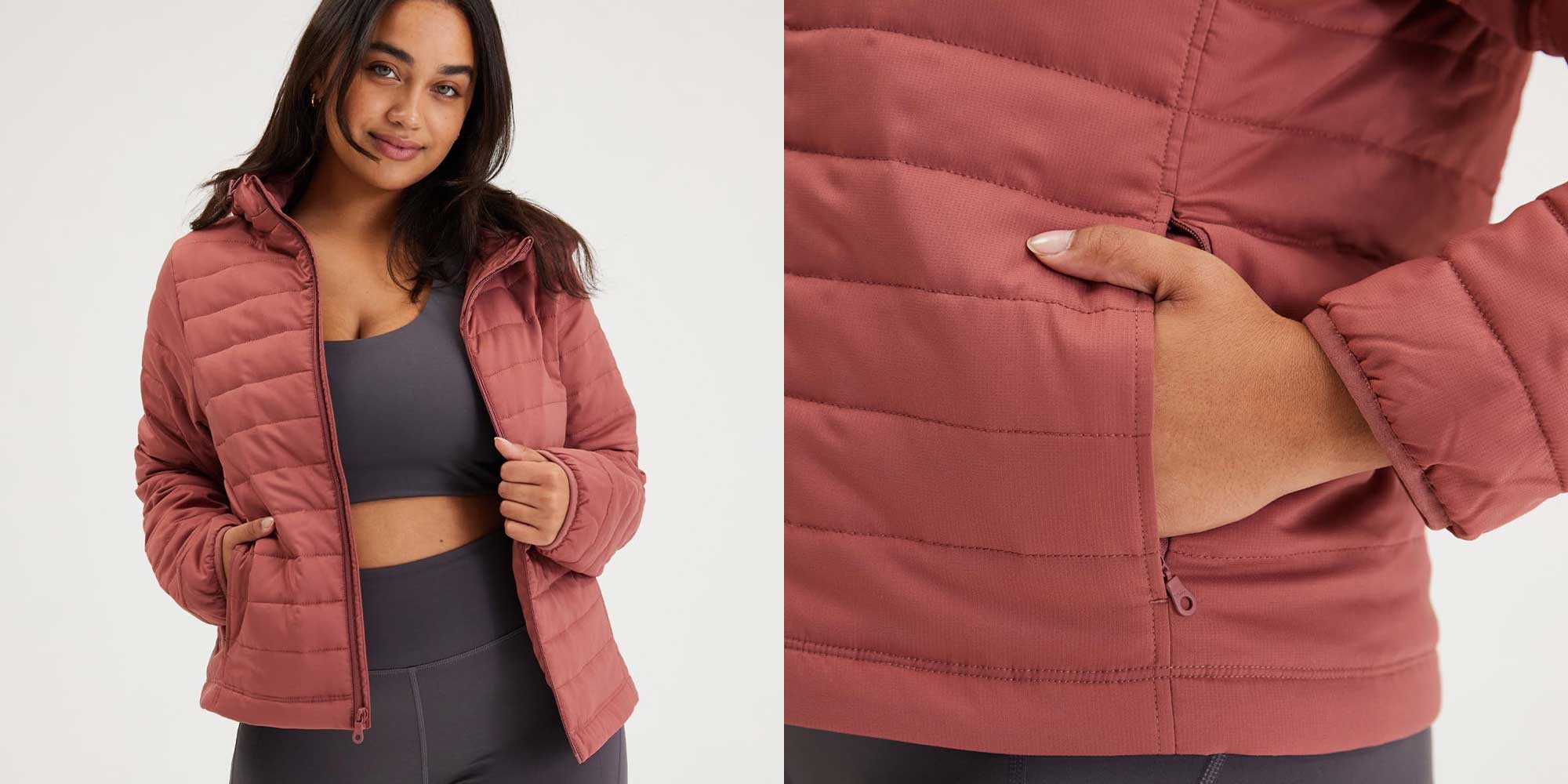 Person wearing a pink lightweight puffer jacket by Girlfriend Collective.