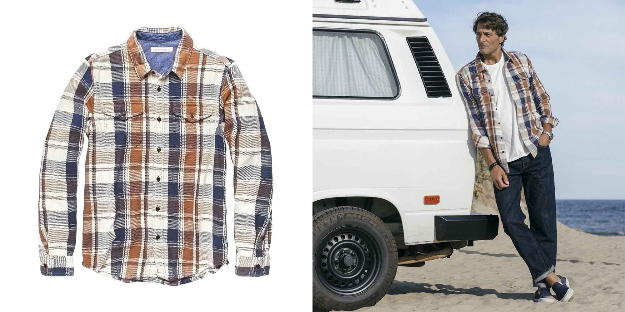 Person wearing checkered blanket shirt by Outerknown.