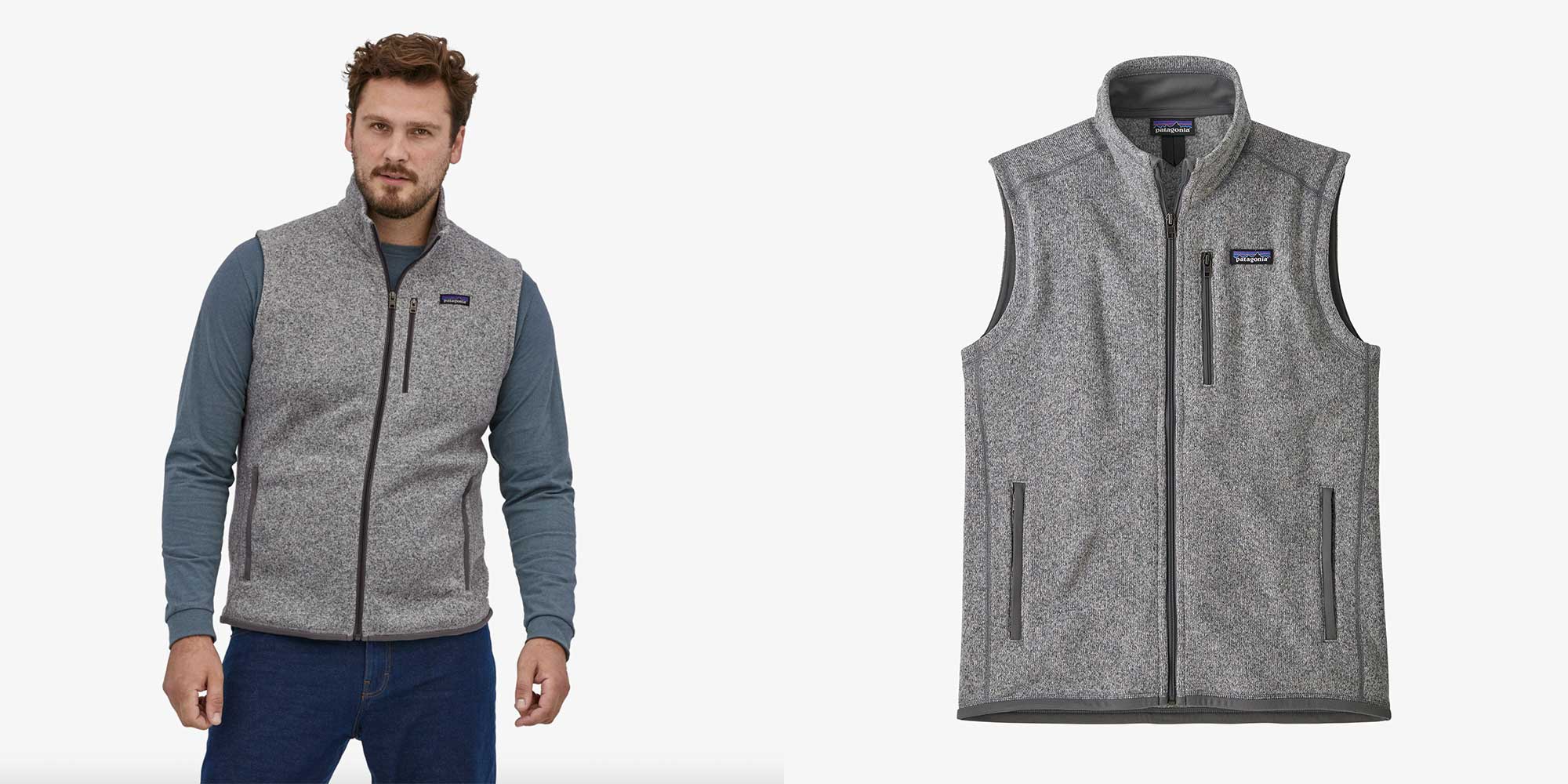 Person wearing a grey sleeveless jacket by Patagonia.