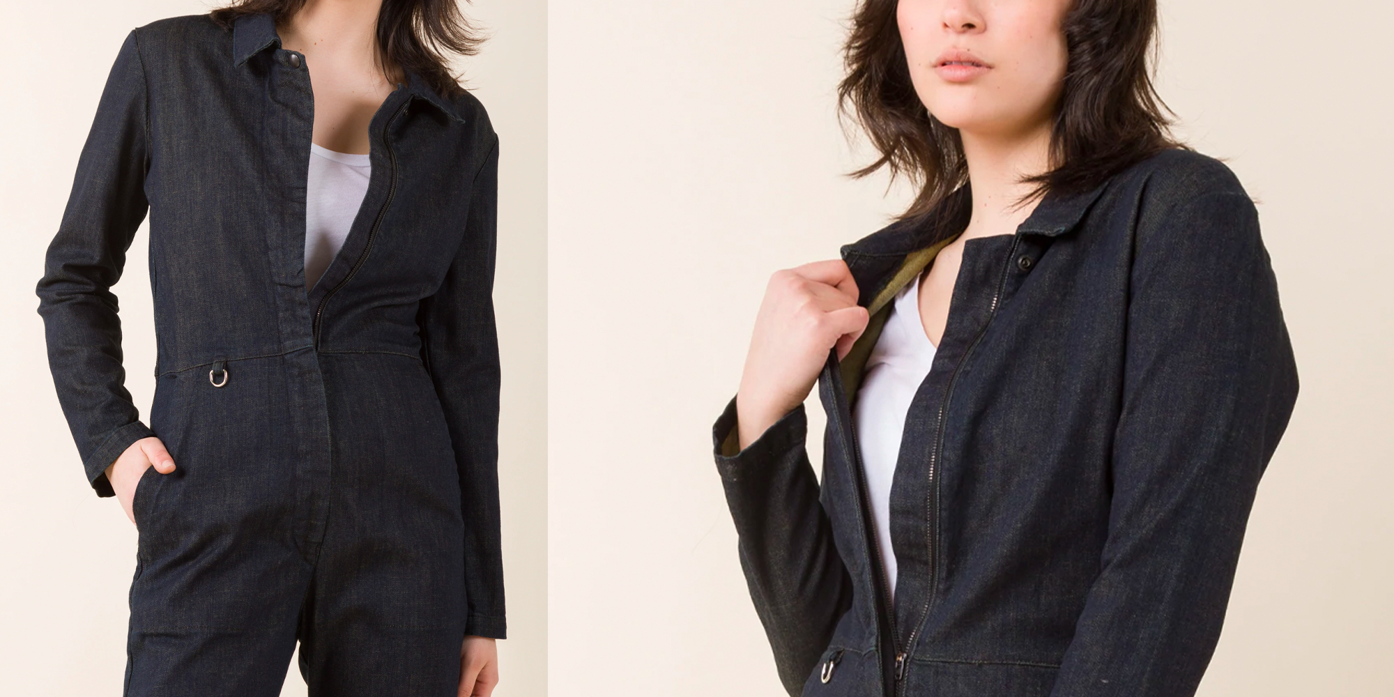 A woman in dark wash denim by Prairie Underground.