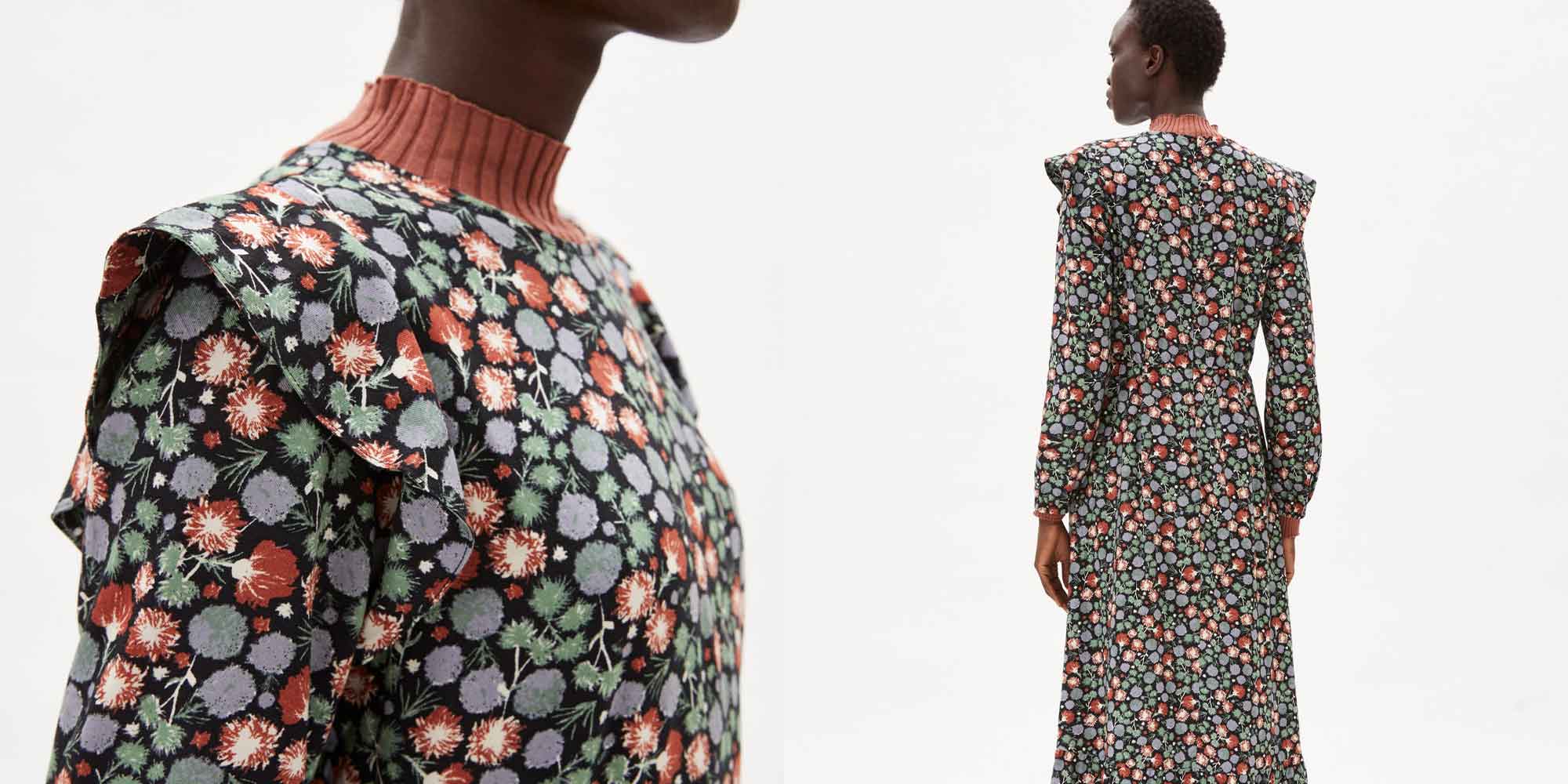 A full length floral patterned ECOVERO dress by Armedangels.