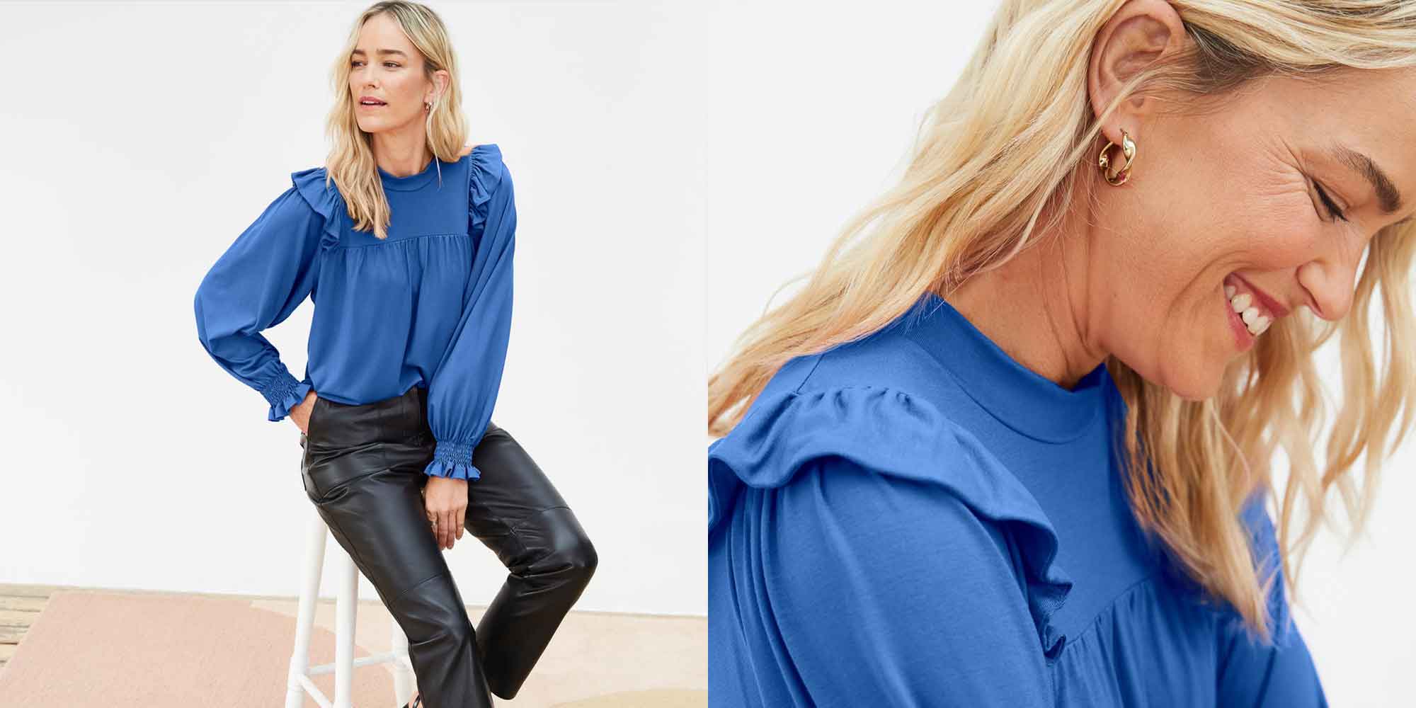 Someone wearing a cobalt blue sustainable viscose shirt by Baukjen.