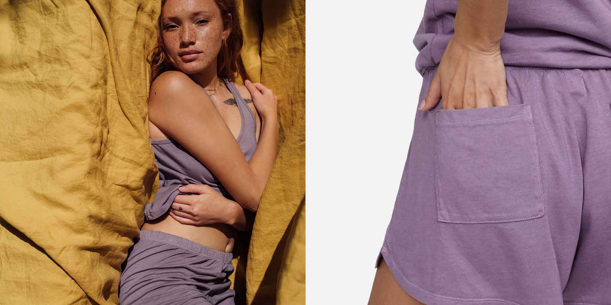 Someone wearing a lavender set of TENCEL Lyocell loungewear singlet and shorts by MATE the Label.