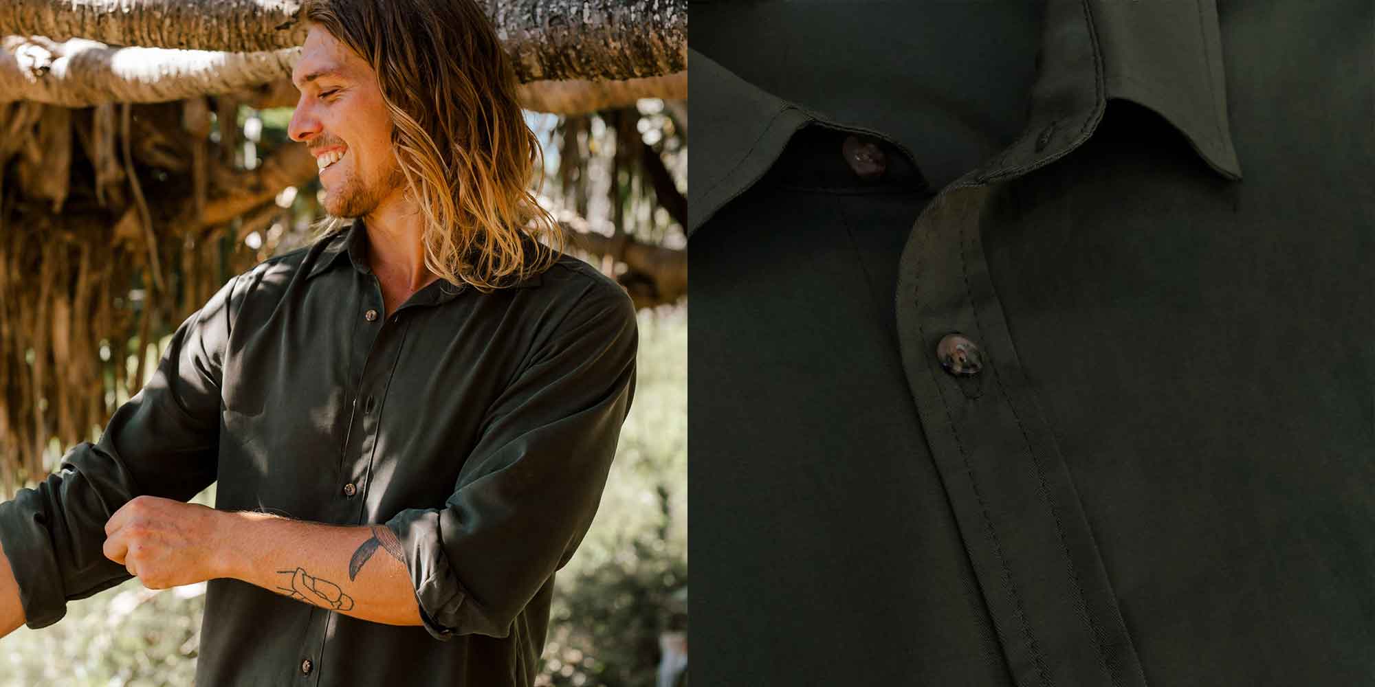 Someone outdoors wearing a black viscose alternative button up shirt by Tasi Travels.