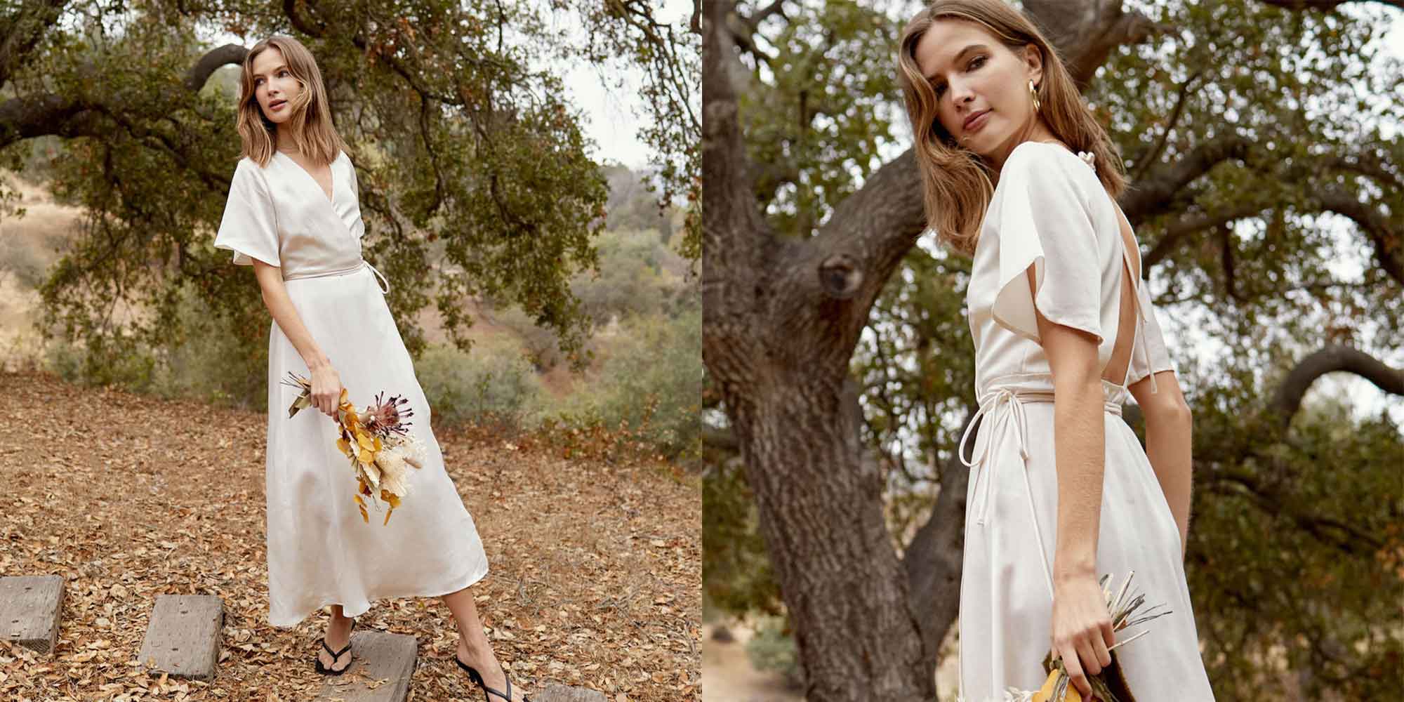 A white wrap dress by Whimsy + Row made from TENCEL Lyocell and cupro.