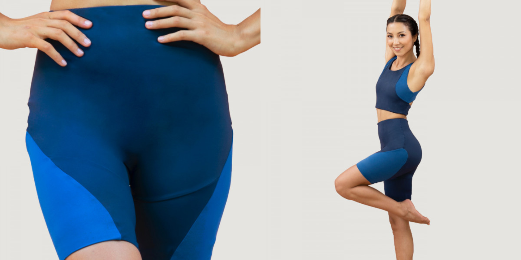 close up of shorts and person in navy blue tank and shorts by 1 people