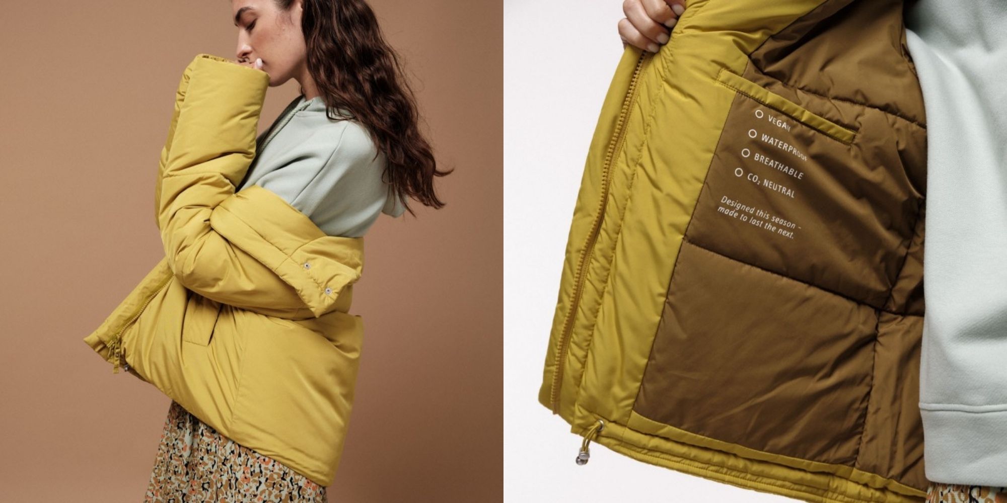 Profile shit of someone wearing a green sustainable puffer jacket by LANIUS off the shoulder.