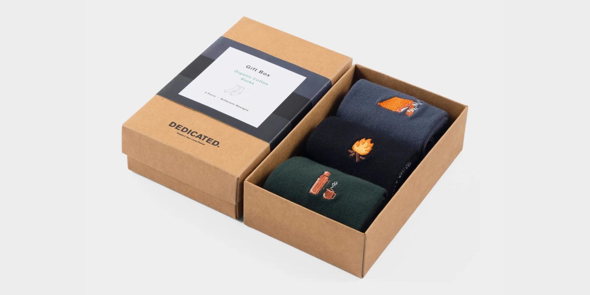 Organic cotton socks 3 pack by Dedicated featuring hiking embroidery on the sides.