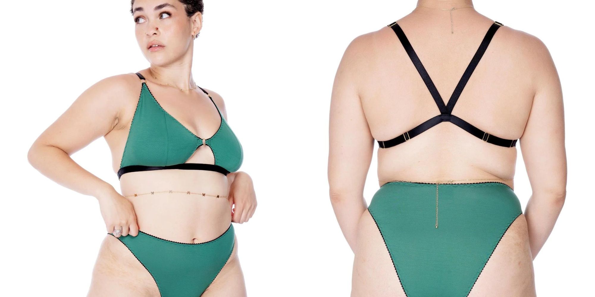 A green and black TENCEL lingerie set by slow fashion brand ColieCo.