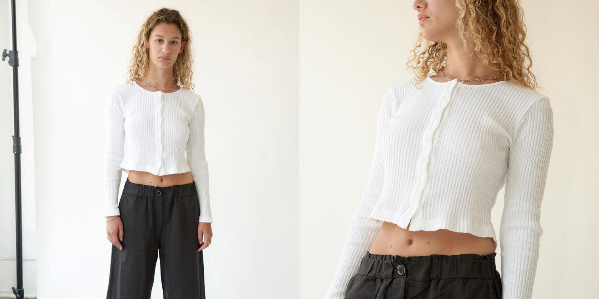 A white pointelle cardigan made by slow fashion brand LA Relaxed.