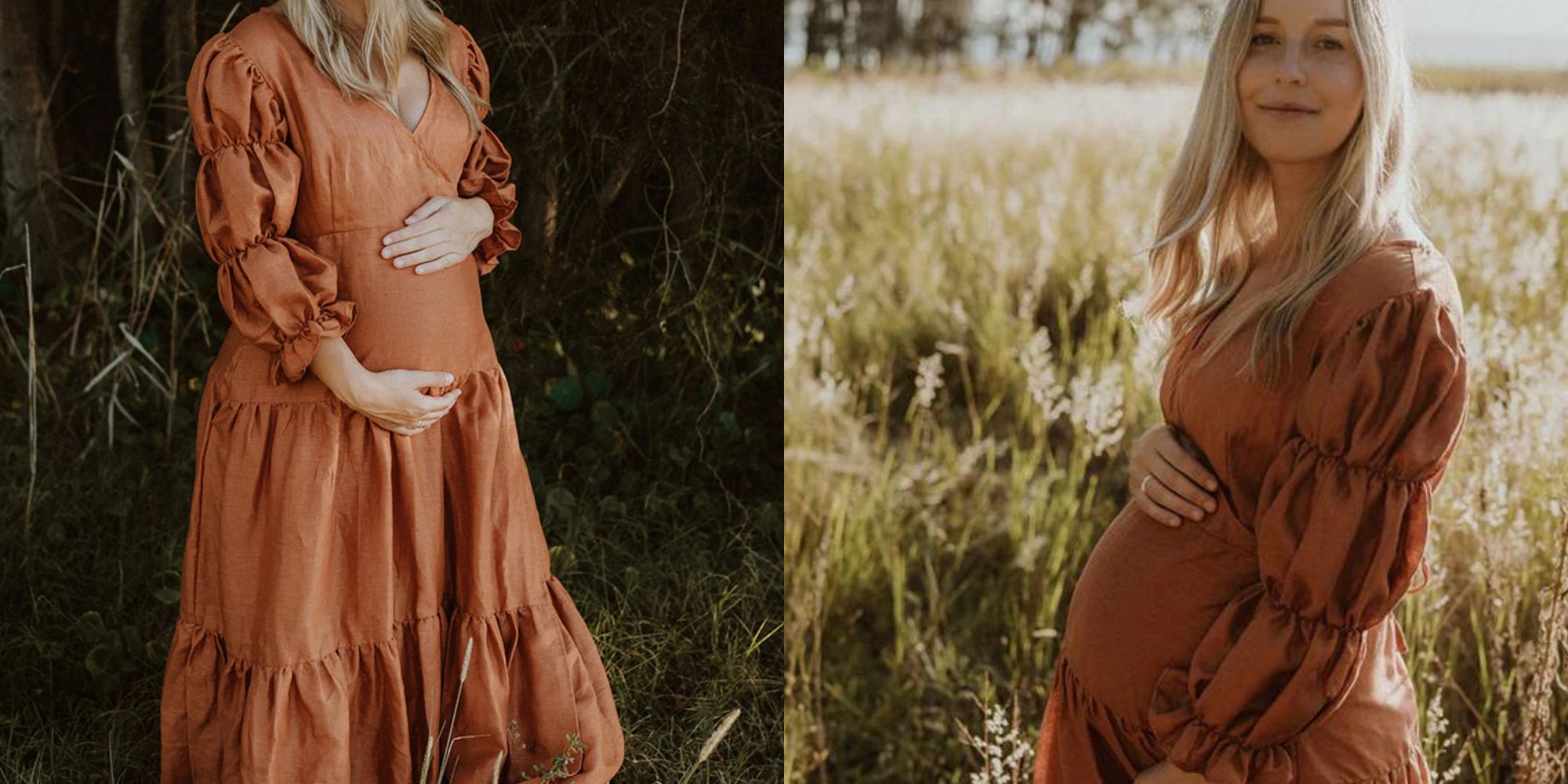 A full length terracotta linen wrap dress made responsibly by slow fashion brand Luna + Sun.