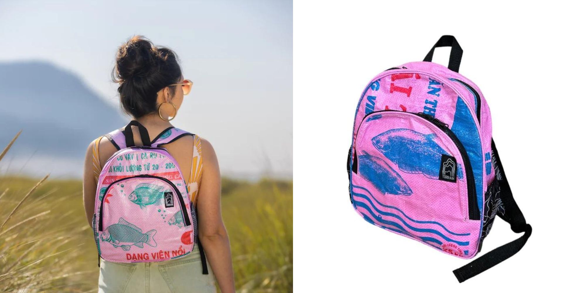 An upcycled small backpack with various patterns including pink with fish, made by Torrain.