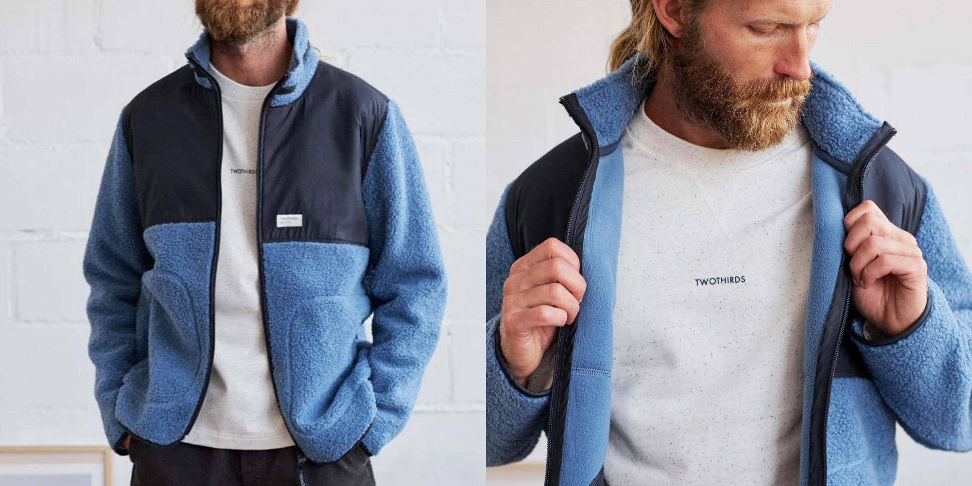A blue recycled polyester menswear jacket by TWOTHIRDS.