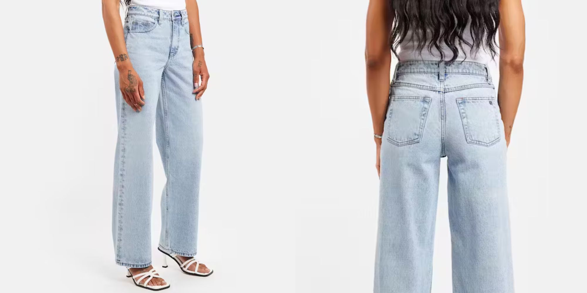 Light vintage wash wide leg jeans by unspun.