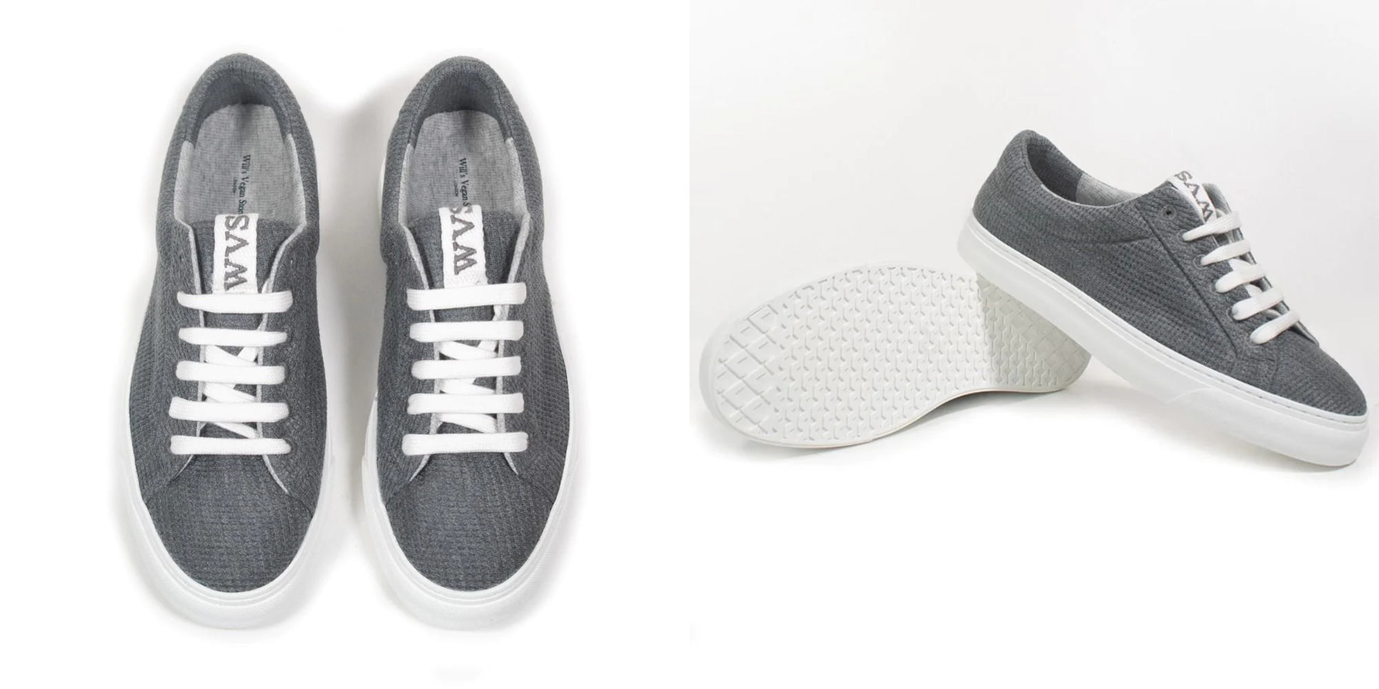 top front view of pair of grey knit sneakers and side angle view of shoe resting on its pair by Will's Vegan Store