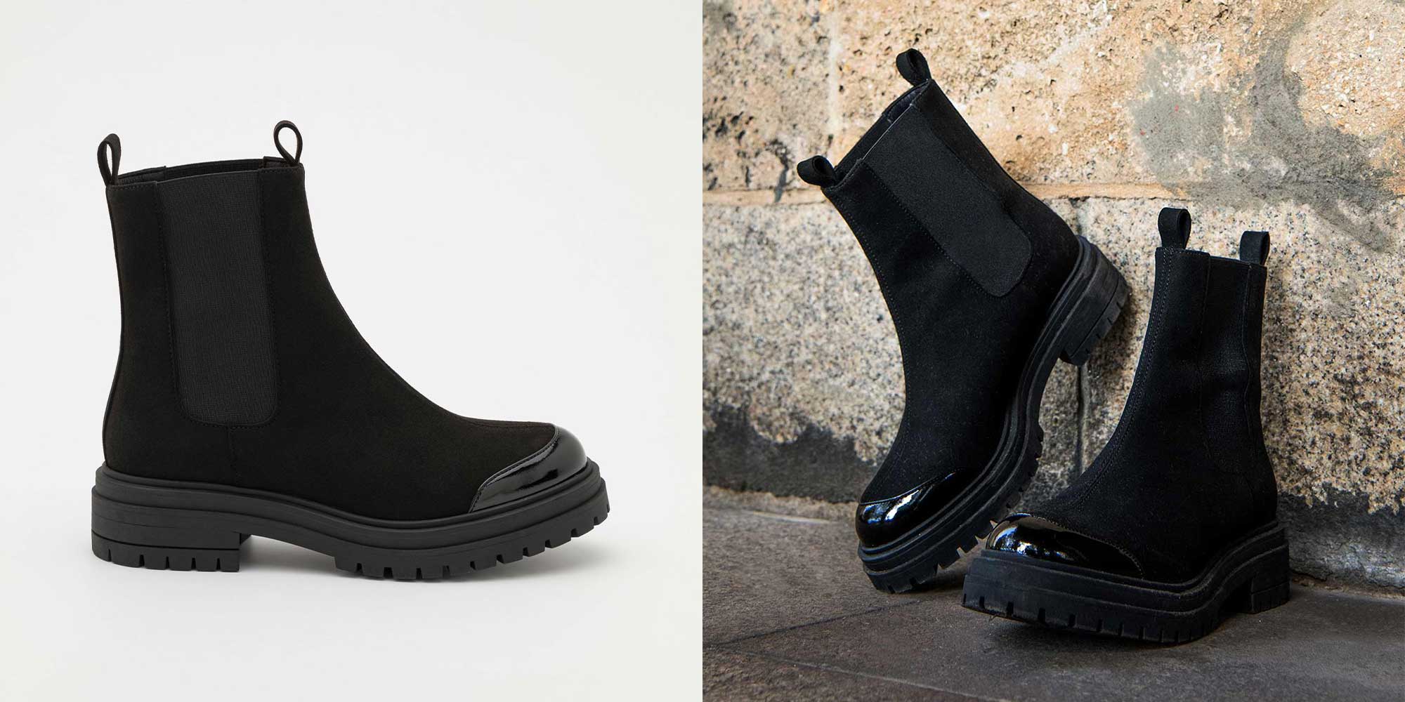 Matte black Chelsea boots with shiny toe detailing, sustainably made by LOVJOI.