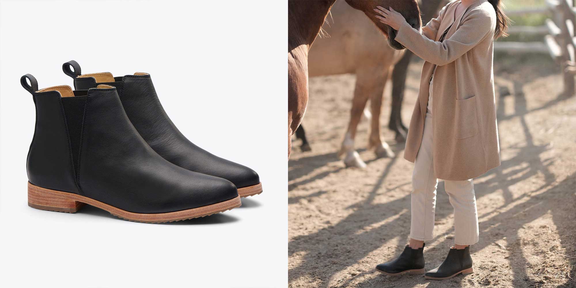 Black leather Chelsea boots by eco brand Nisolo.