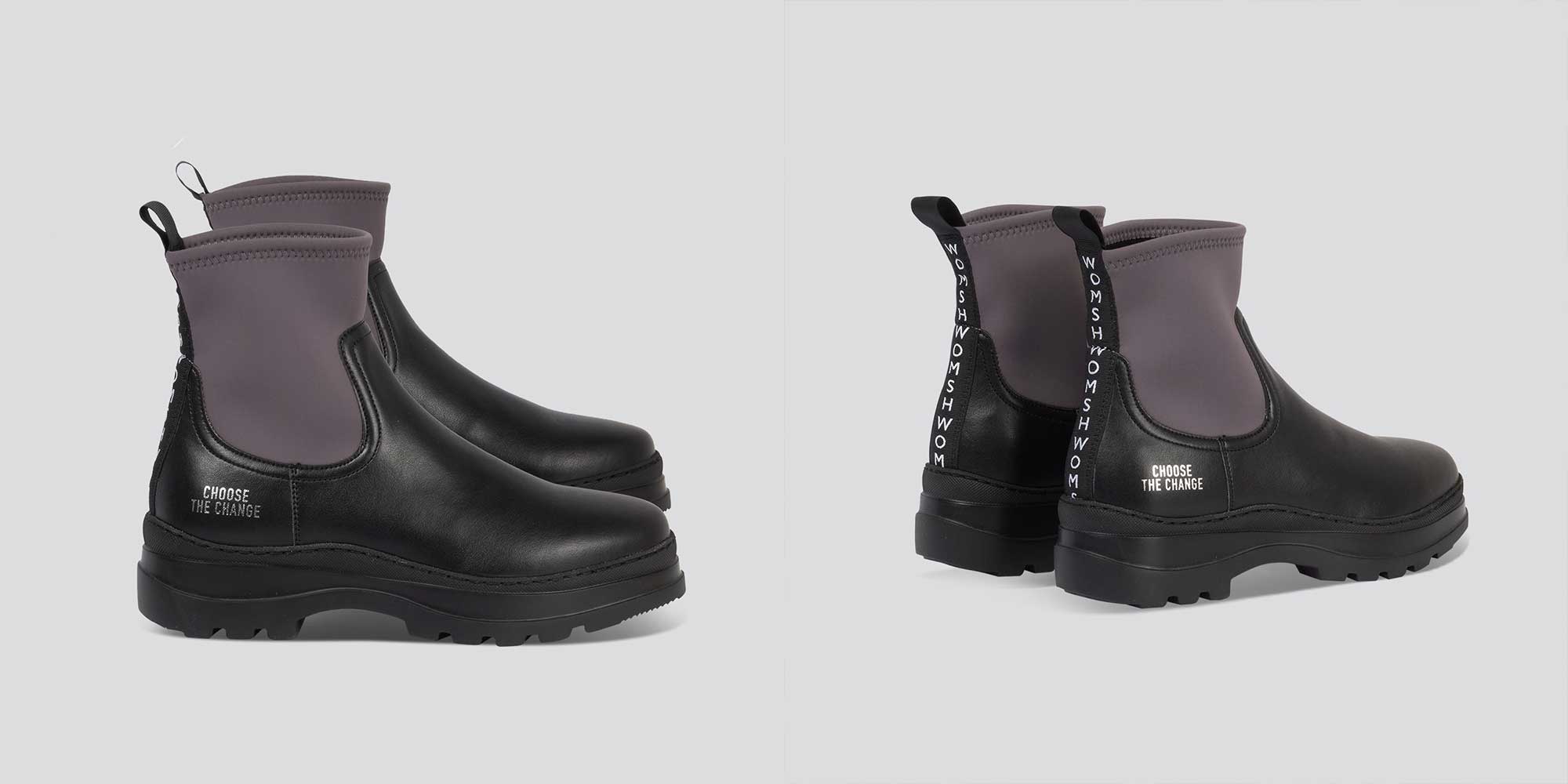 Edgy black and grey vegan Chelsea boots ethically made by WOMSH.