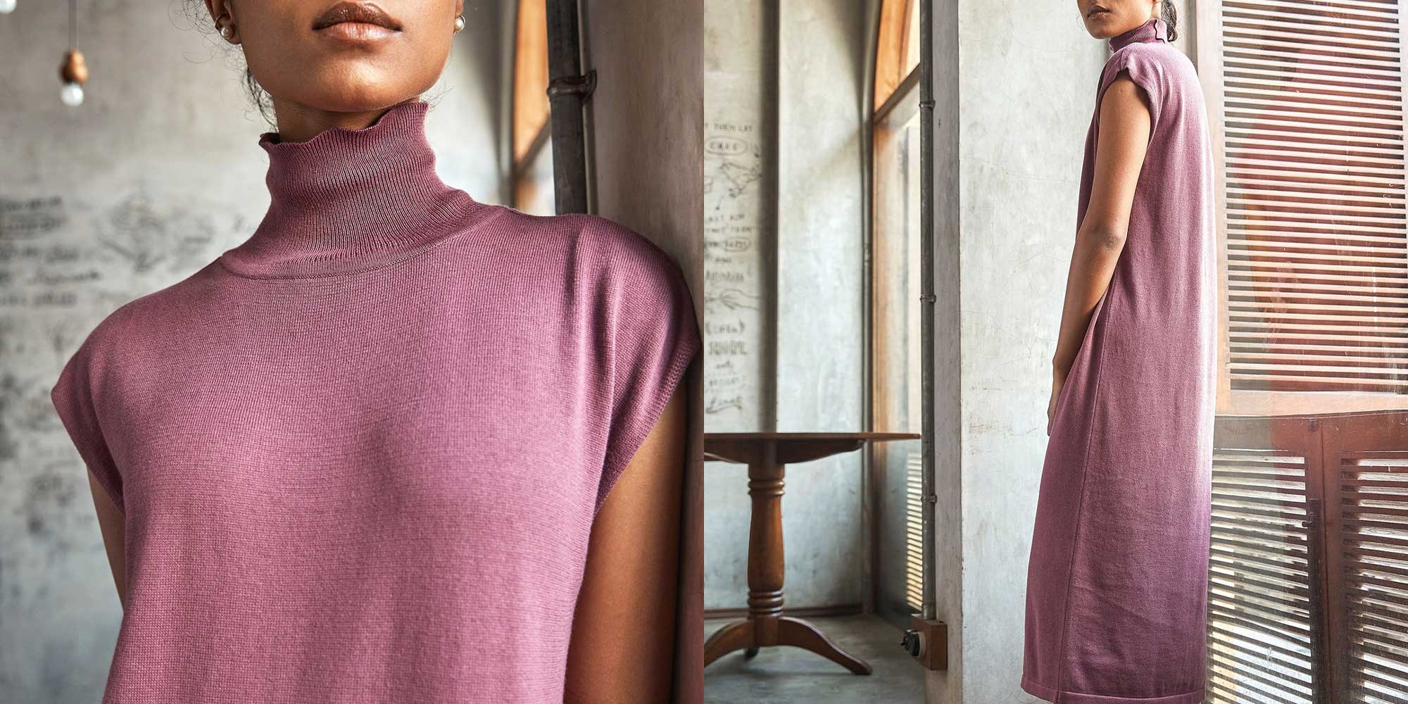 person wearing a rhubarb knit midi dress by no nasties