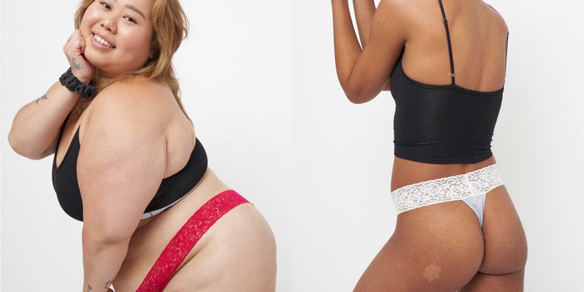 Two people of different sizes wearing the same lacy g-string ethically made by Miakoda.