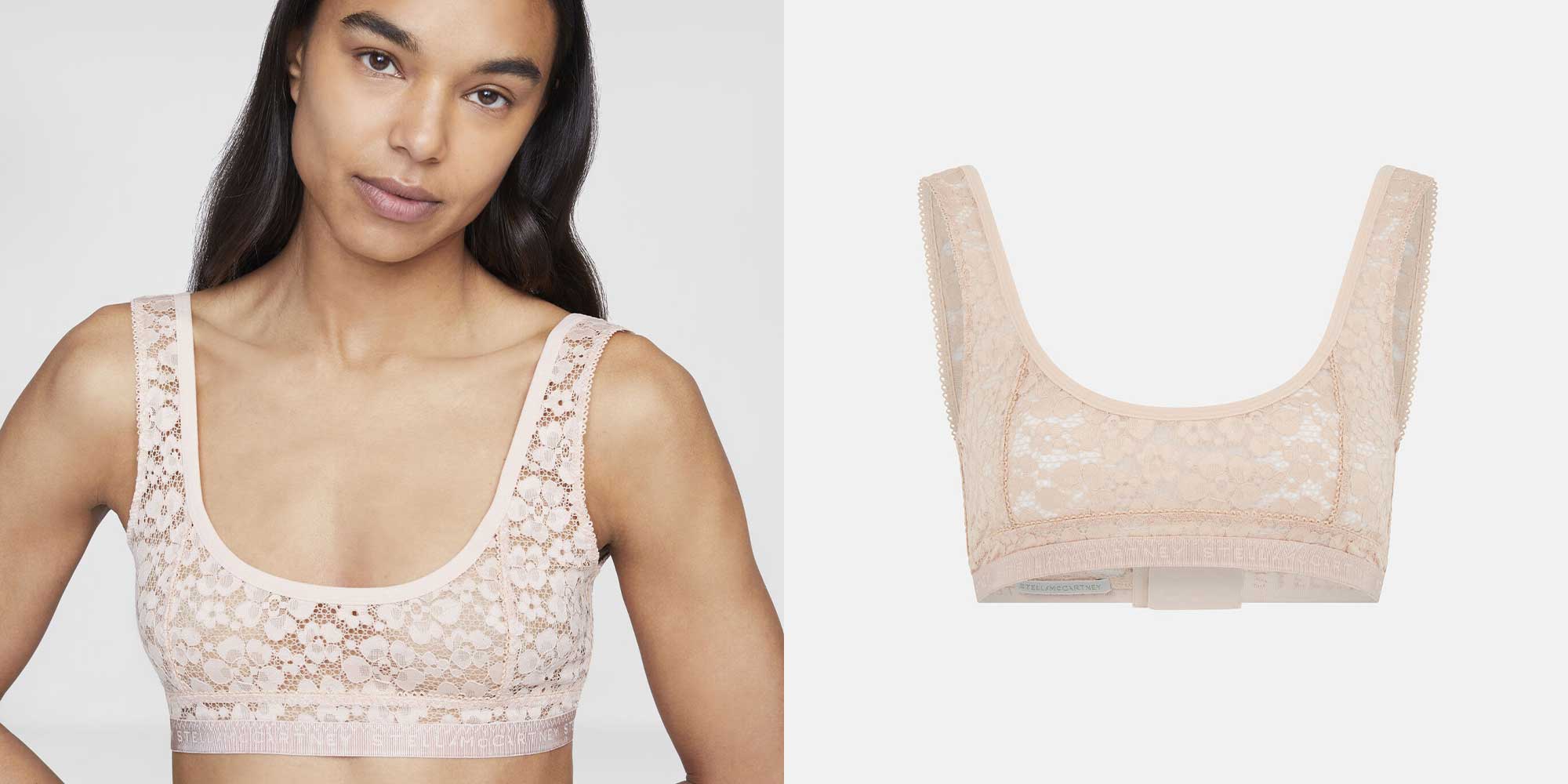 Someone looking into the camera while wearing a cream lacy bralette by Stella McCartney.