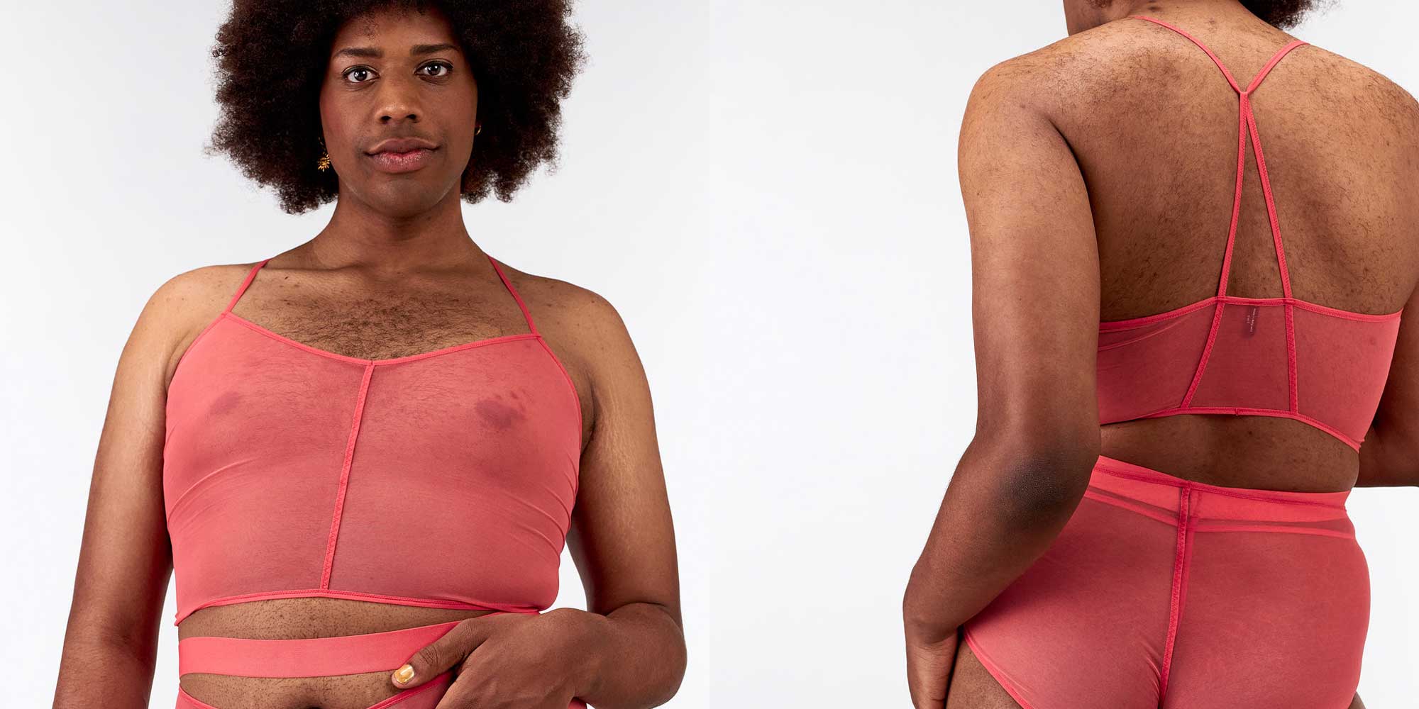 Someone wearing bright pink mesh lingerie ethically made by La Fille d'O.