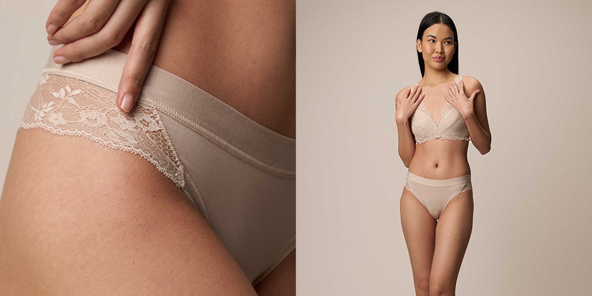 Close up and full body studio shot of someone wearing beige lacy Valentine's Day lingerie by CasaGIN.