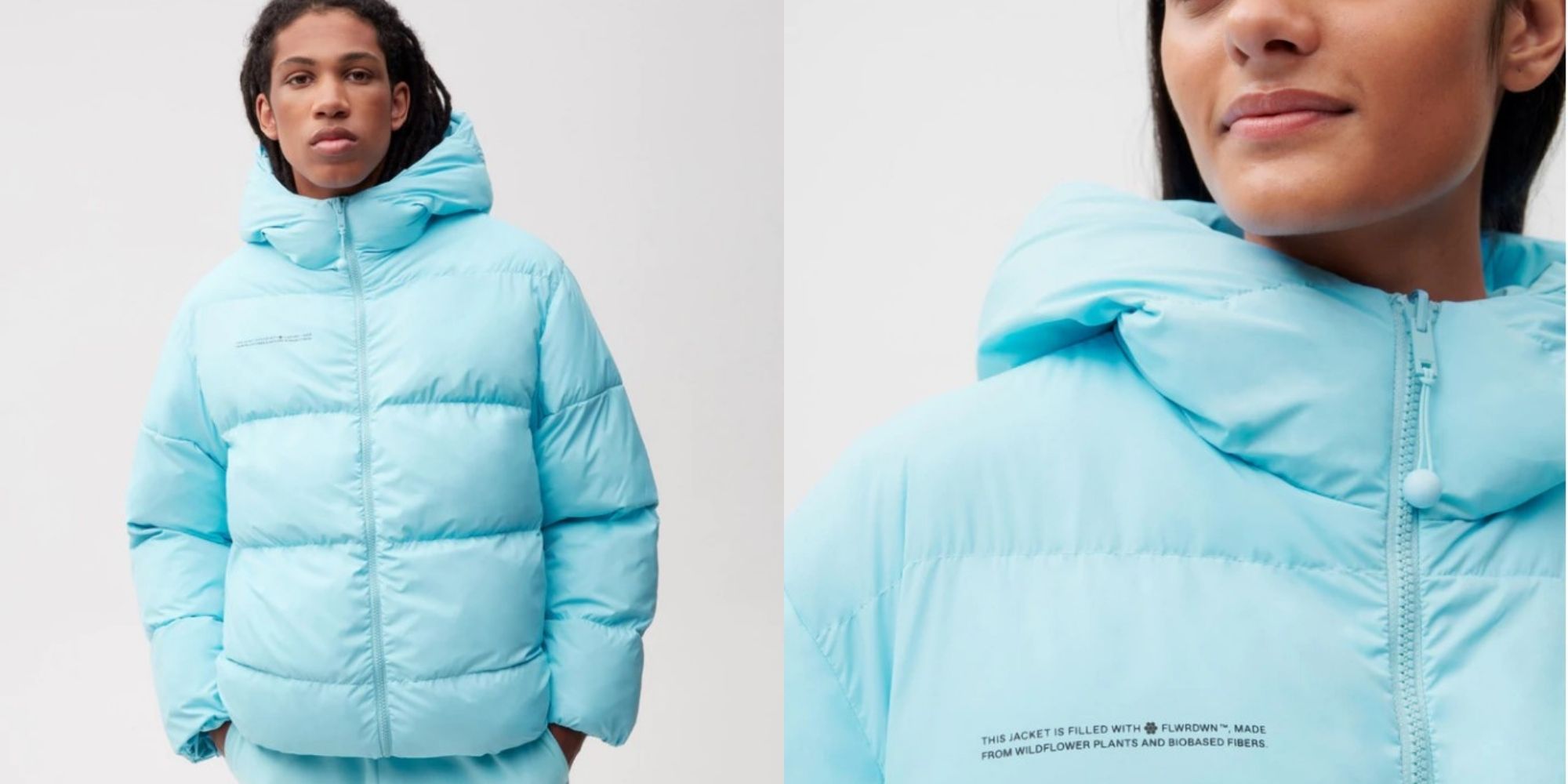 Two people wearing baby blue flowerdown filled puffer jackets by PANGAIA.